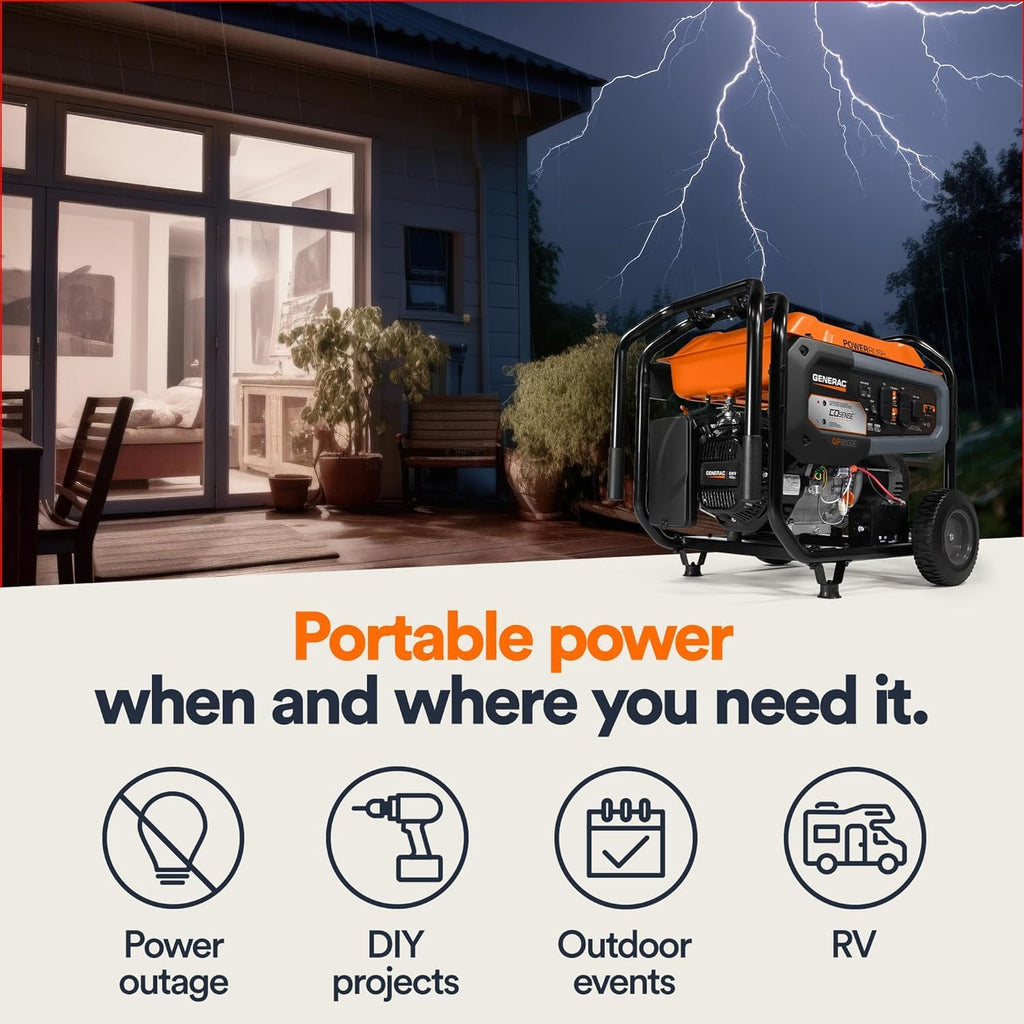 Generac 12,500 Starting Watt Tri-Fuel Portable Generator, Electric Start | Gas, Propane, Or Natural Gas Fuel Options, COsense CO Detection, 9.5 Hour Runtime, Emergency Home Backup, 49 State Compliant