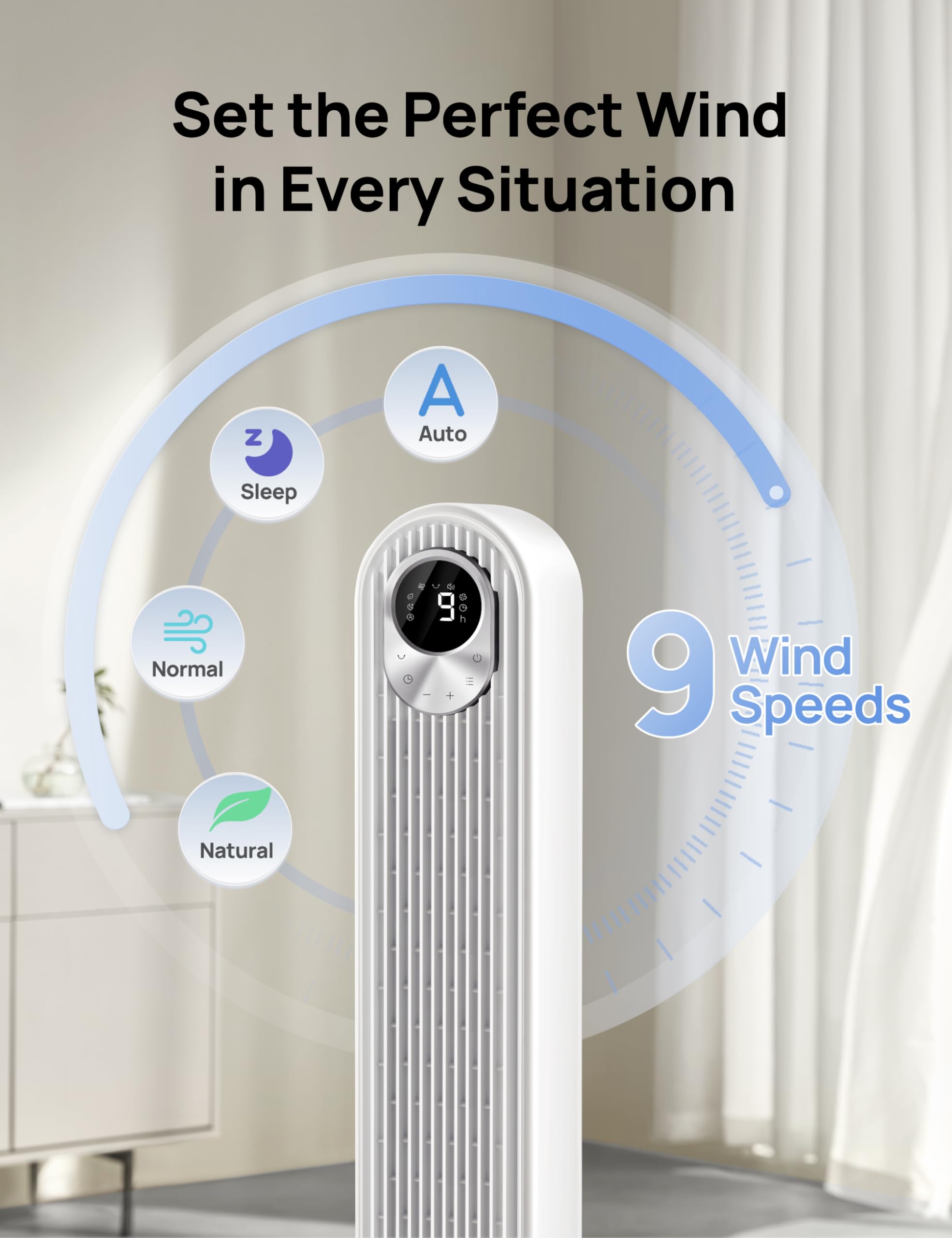 DREO Tower Fan for Bedroom, 28ft/s Velocity, 20dB Ultra Quiet, 8 Speeds | 2026 Upgraded DC Motor, 90° Oscillating, 4 Modes Standing Fan, Bladeless Fan for Indoors, Floor Fans with Remote, Black