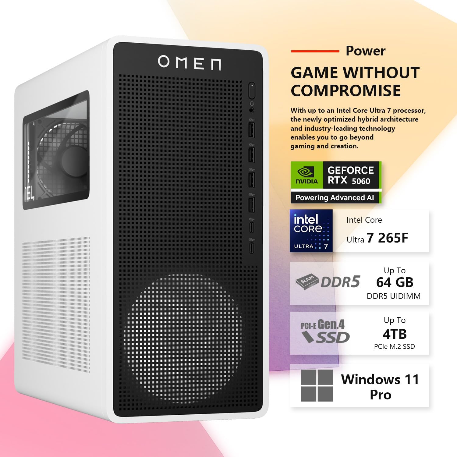 HP OMEN 16L TG03 Pro Business Gaming Desktop, Intel Ultra 7 265F (Beats i7-14700F), NVIDIA RTX 5060, 32GB DDR5 RAM, 2TB SSD, Workstation for Creation, Bundle with Thunderobot KG3089R Keyboard