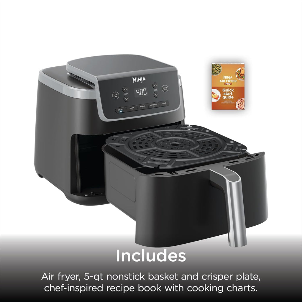 Ninja Air Fryer Pro, 5 Qt, 5-in-1, Grey, AF142 | Air fry, bake, roast, reheat, dehydrate, 1750W, 400F max, Fits 4 lbs fries, Dishwasher-safe