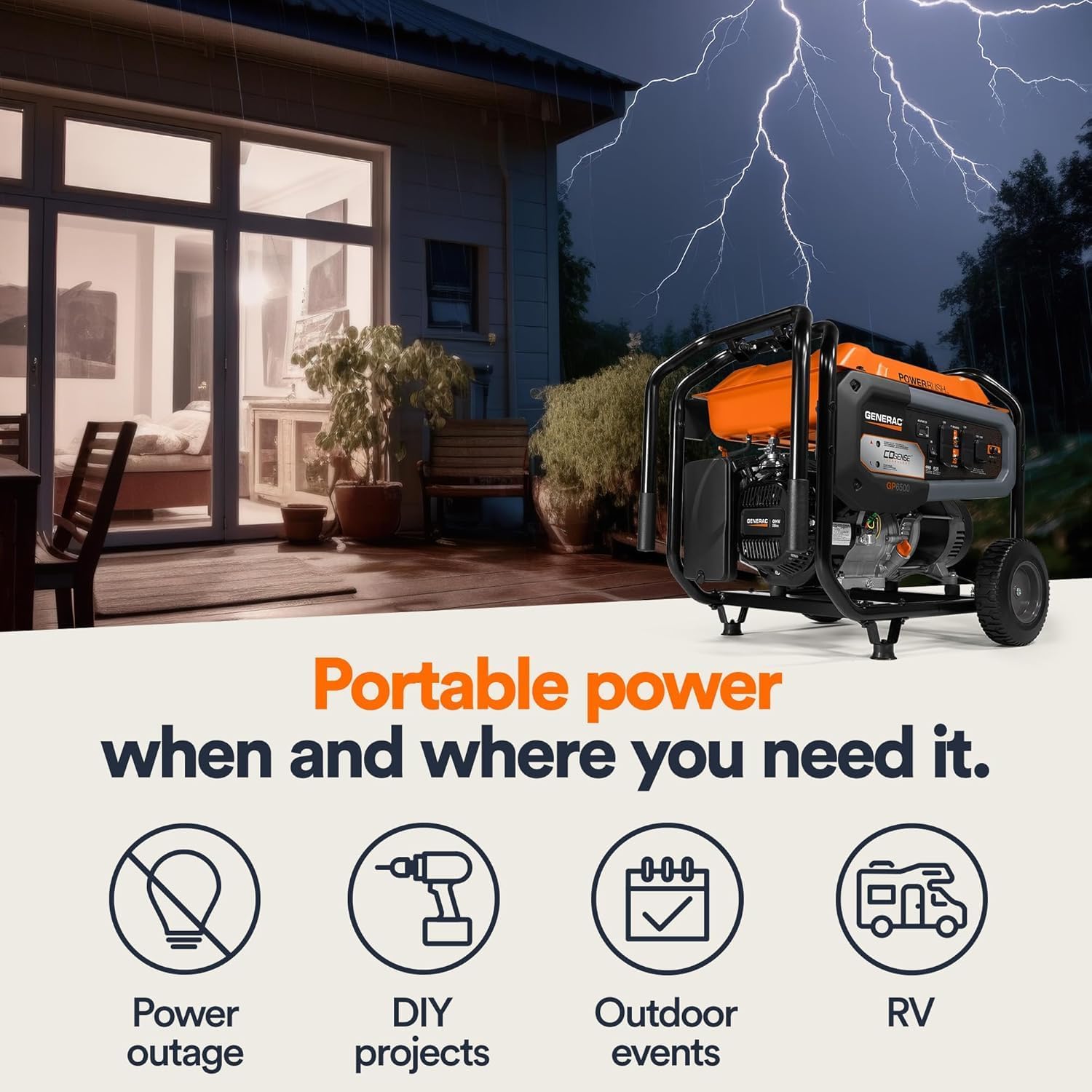 Generac 12,500 Starting Watt Tri-Fuel Portable Generator, Electric Start | Gas, Propane, Or Natural Gas Fuel Options, COsense CO Detection, 9.5 Hour Runtime, Emergency Home Backup, 49 State Compliant