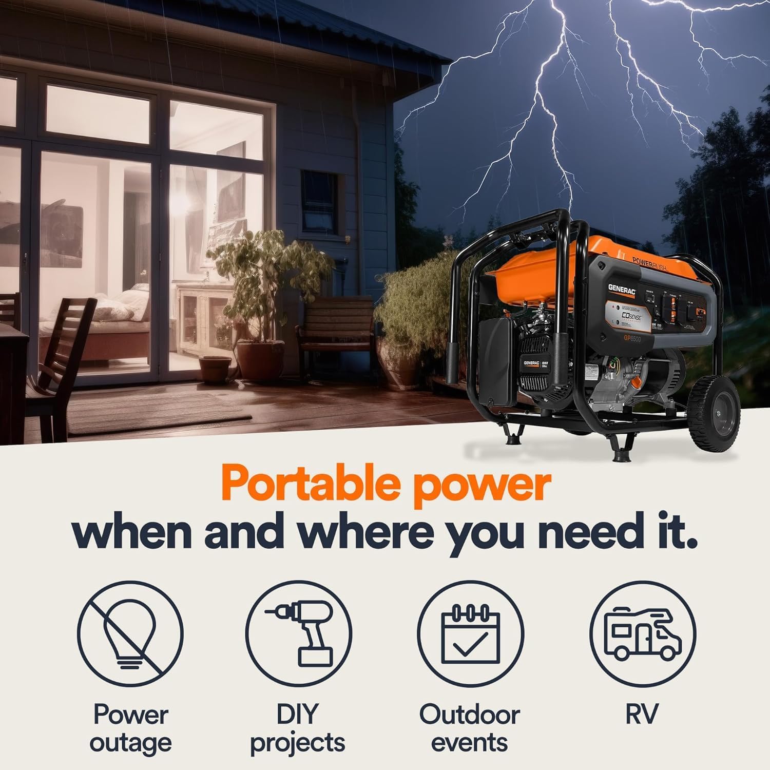 Generac 12,500 Starting Watt Tri-Fuel Portable Generator, Electric Start | Gas, Propane, Or Natural Gas Fuel Options, COsense CO Detection, 9.5 Hour Runtime, Emergency Home Backup, 49 State Compliant