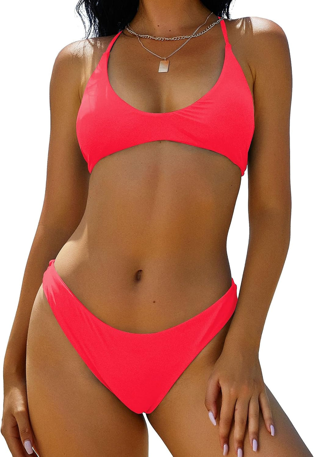 ZAFUL Women's Tie Back Padded High Cut Bralette Bikini Set 2 Piece Swimsuit | Crisscross Back Self Tie, Adjustable Straps, Bathing suit for women, Classic Coverage, Removable Soft Cups, Beach Vacation
