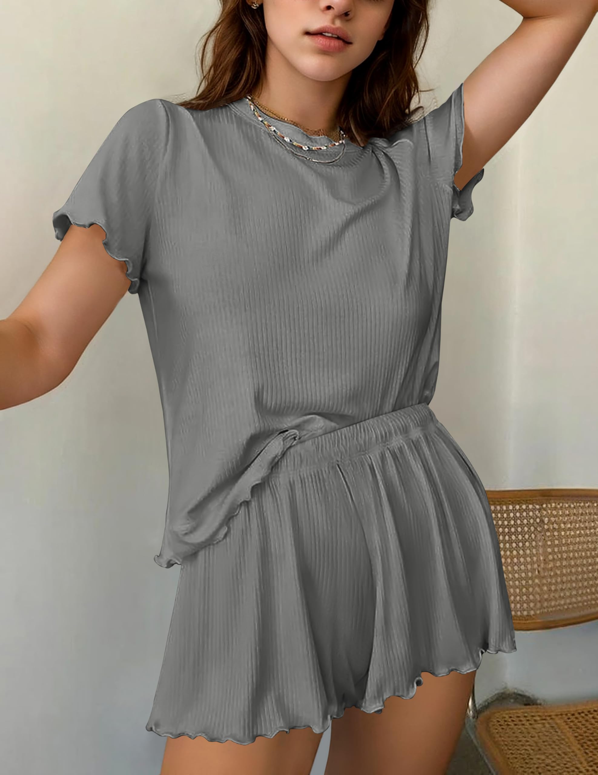Ekouaer Womens Pajamas 2 Piece Ribbed Knit Pjs Short Sleeve Lounge Sets | Soft Pajama Set with Ruffled cuffs hem, Casual Loungewear Sets, ideal for Home relaxation, Wedding, Party, Daily Wear