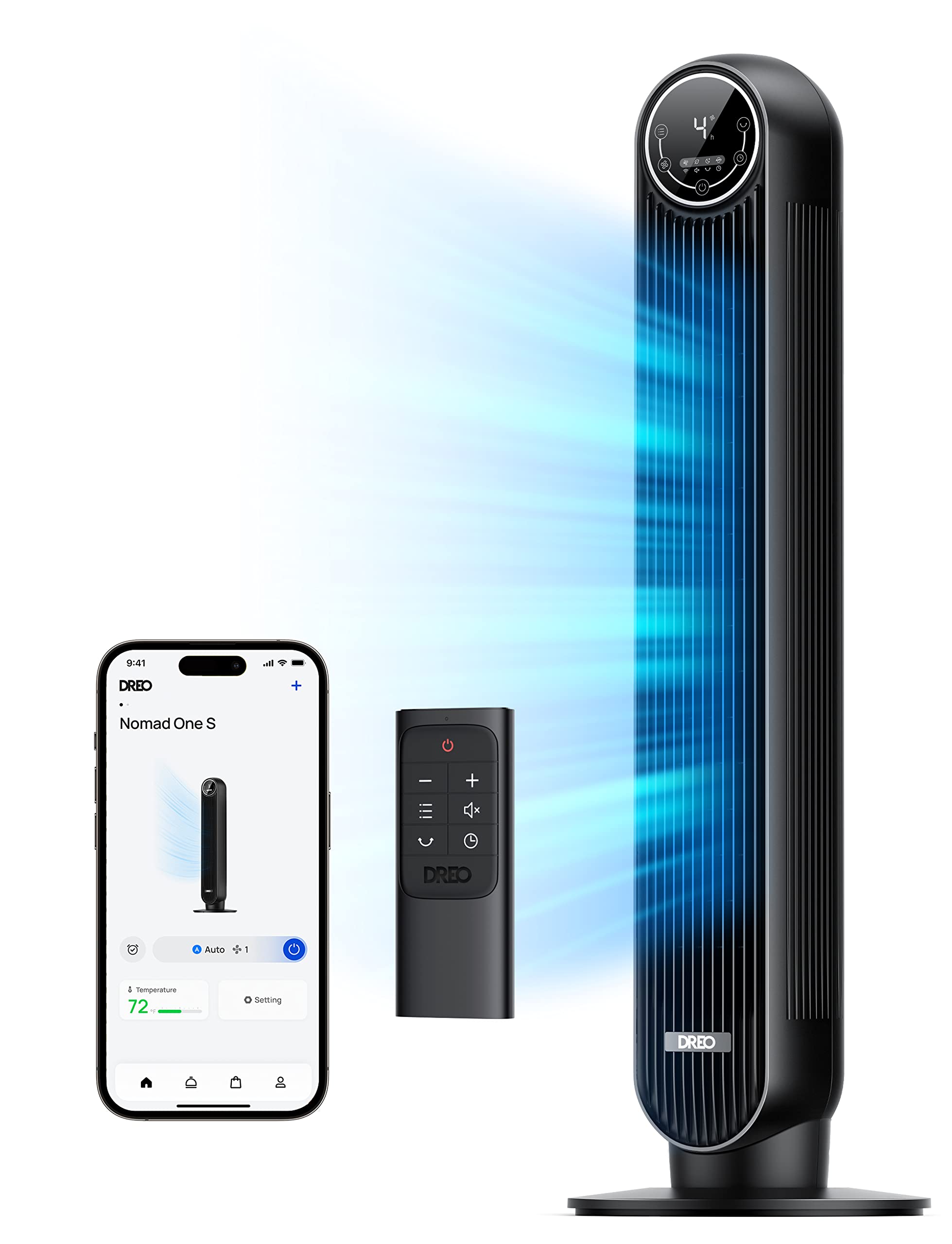 DREO Tower Fan for Bedroom, 28ft/s Velocity, 20dB Ultra Quiet, 8 Speeds | 2026 Upgraded DC Motor, 90° Oscillating, 4 Modes Standing Fan, Bladeless Fan for Indoors, Floor Fans with Remote, Black
