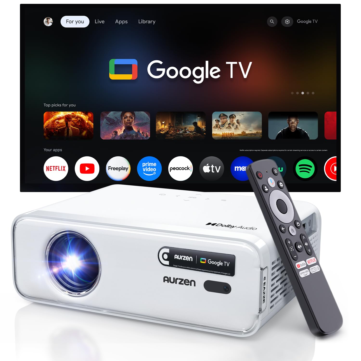 Aurzen Roku TV D1R Smart Portable Outdoor Projector with WiFi and Bluetooth | Roku TV Built-in, All Top Apps, 1080P FHD, DoIby Audio, Auto Focus & Keystone, Zoom, Mini Projector for Home & Outdoor Movies