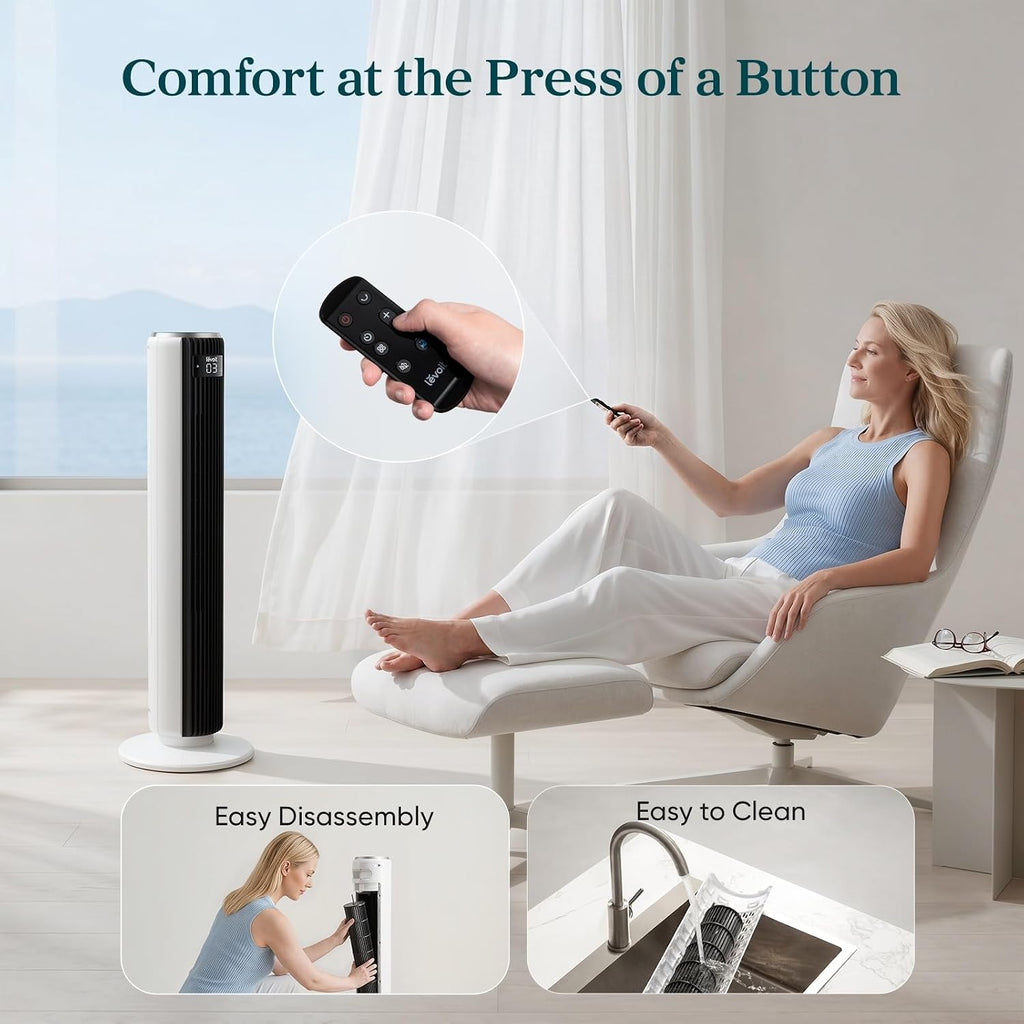 Levoit Tower Fan for Bedroom, 28ft/s Fans that Blow Cold Air, 28dB Quiet | Standing Floor Fan for Room, 90° Oscillating, 5 Speeds 4 Modes & Temp Sensor, Bladeless, 12H Timer, Remoter, 36 inch, White