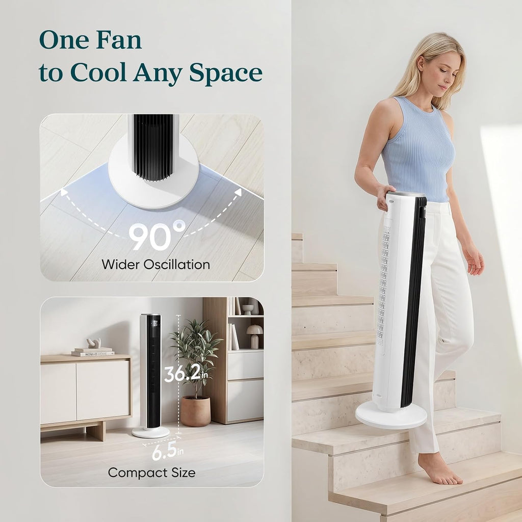 Levoit Tower Fan for Bedroom, 28ft/s Fans that Blow Cold Air, 28dB Quiet | Standing Floor Fan for Room, 90° Oscillating, 5 Speeds 4 Modes & Temp Sensor, Bladeless, 12H Timer, Remoter, 36 inch, White