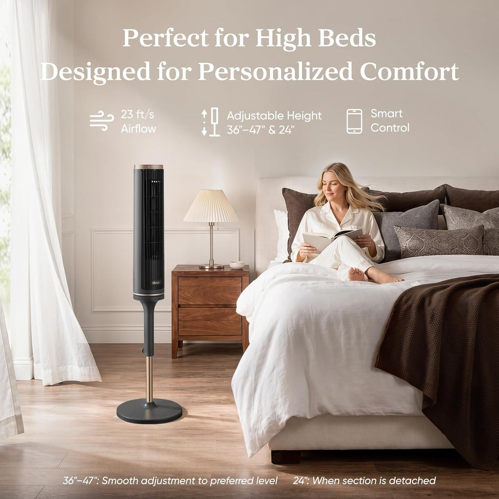 Levoit Tower Fan for Bedroom, 28ft/s Fans that Blow Cold Air, 28dB Quiet | Standing Floor Fan for Room, 90° Oscillating, 5 Speeds 4 Modes & Temp Sensor, Bladeless, 12H Timer, Remoter, 36 inch, White