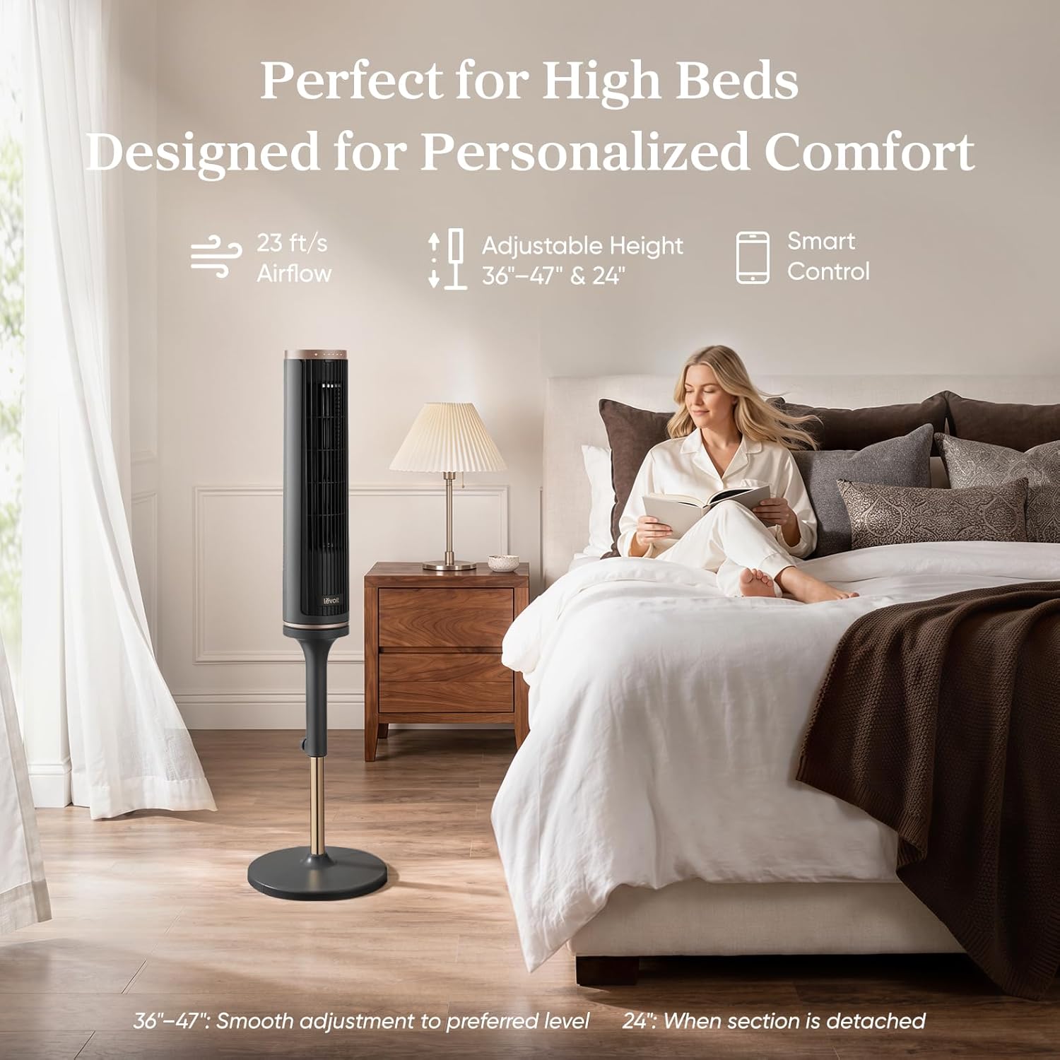 Levoit Tower Fan for Bedroom, 28ft/s Fans that Blow Cold Air, 28dB Quiet | Standing Floor Fan for Room, 90° Oscillating, 5 Speeds 4 Modes & Temp Sensor, Bladeless, 12H Timer, Remoter, 36 inch, White