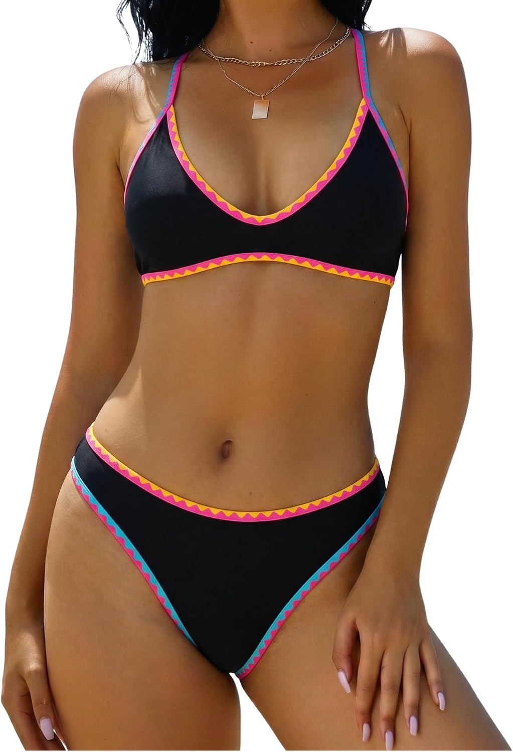 ZAFUL Women's Tie Back Padded High Cut Bralette Bikini Set 2 Piece Swimsuit | Crisscross Back Self Tie, Adjustable Straps, Bathing suit for women, Classic Coverage, Removable Soft Cups, Beach Vacation