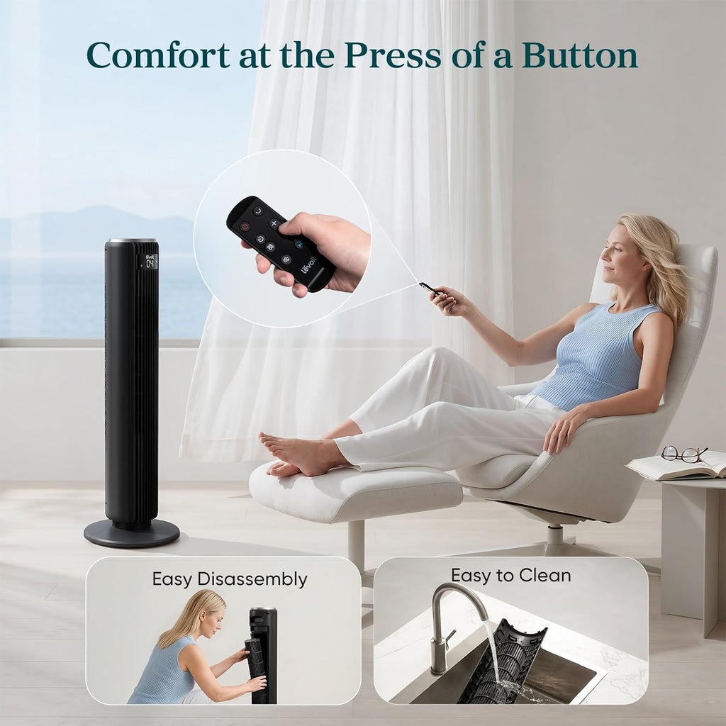 Levoit Tower Fan for Bedroom, 28ft/s Fans that Blow Cold Air, 28dB Quiet | Standing Floor Fan for Room, 90° Oscillating, 5 Speeds 4 Modes & Temp Sensor, Bladeless, 12H Timer, Remoter, 36 inch, White