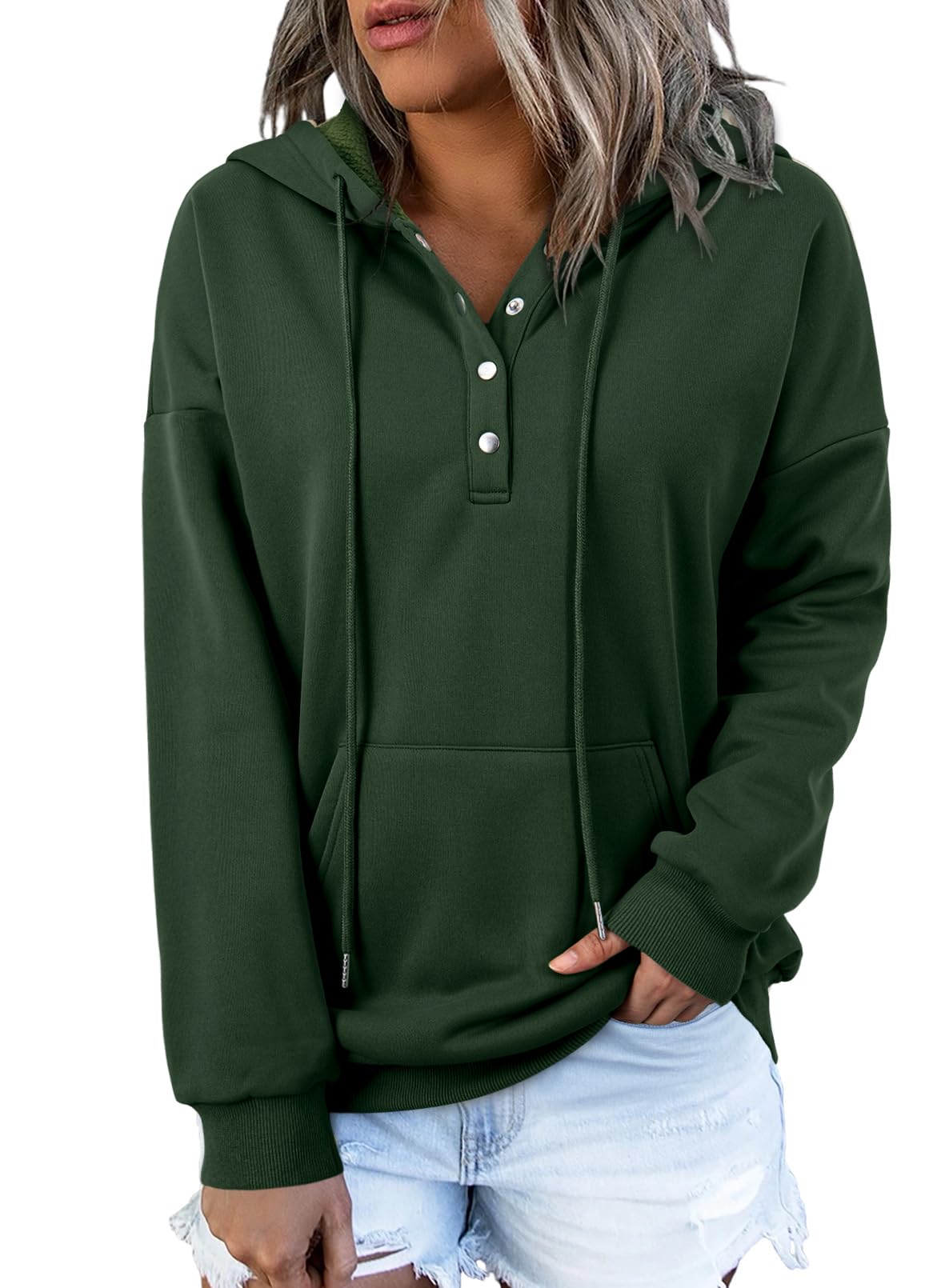 Dokotoo Hoodies for Women Button Collar Drawstring Sweatshirt Hooded Tops | Long Sleeve, Fleece Lined, Pullover Hoodie, Kangaroo Pocket, Fall Outfits Winter Clothes 2026, Casual Travel Workout Outdoor