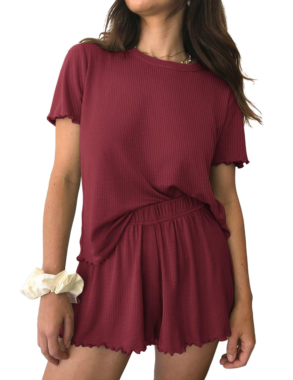 Ekouaer Womens Pajamas 2 Piece Ribbed Knit Pjs Short Sleeve Lounge Sets | Soft Pajama Set with Ruffled cuffs hem, Casual Loungewear Sets, ideal for Home relaxation, Wedding, Party, Daily Wear