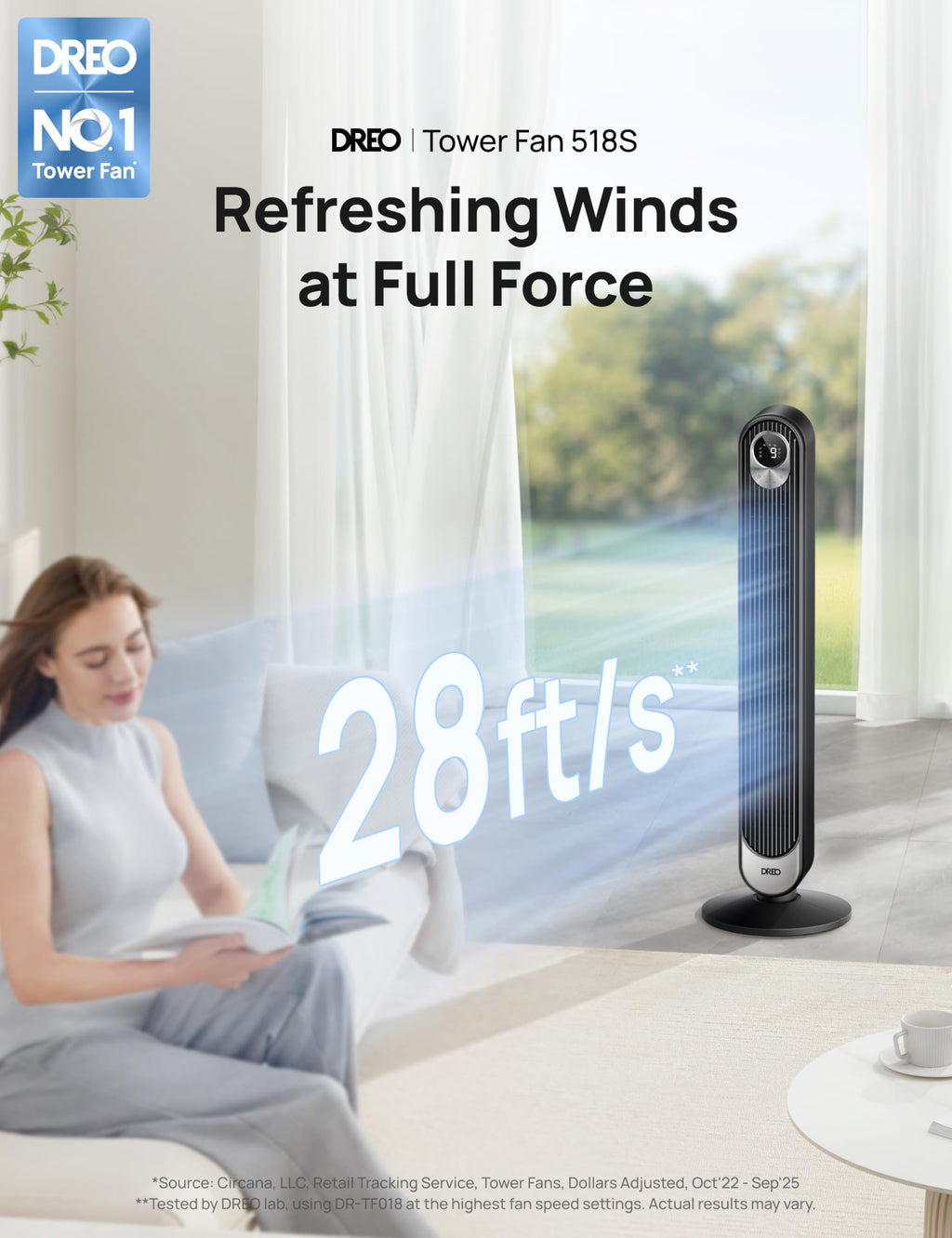DREO Tower Fan for Bedroom, 28ft/s Velocity, 20dB Ultra Quiet, 8 Speeds | 2026 Upgraded DC Motor, 90° Oscillating, 4 Modes Standing Fan, Bladeless Fan for Indoors, Floor Fans with Remote, Black