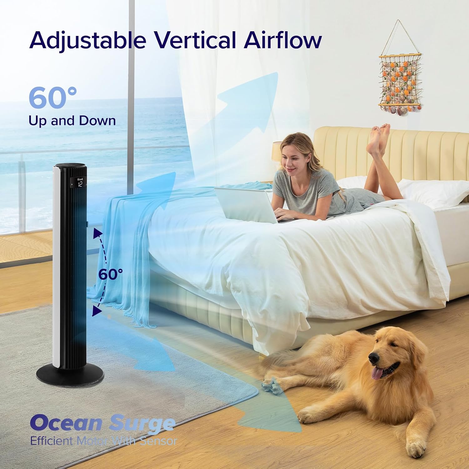 Levoit Tower Fan for Bedroom, 28ft/s Fans that Blow Cold Air, 28dB Quiet | Standing Floor Fan for Room, 90° Oscillating, 5 Speeds 4 Modes & Temp Sensor, Bladeless, 12H Timer, Remoter, 36 inch, White