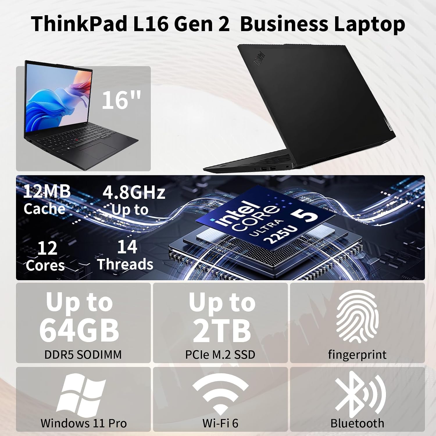 Lenovo ThinkPad L16 Gen 2 Business AI Laptop, 16" FHD+, Intel Core Ultra 7 255U, Customized 16GB-64GB DDR5, 512GB-4TB SSD, HDMI, Fingerprint, Backlit, Wi-Fi 6E, Long Battery Life, Windows 11 Pro