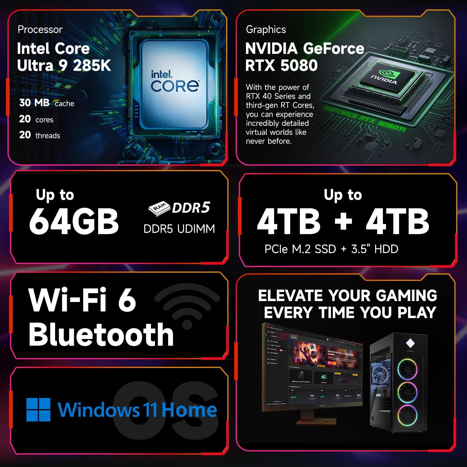 HP Omen 45L RTX 5080 Gaming Desktop, Intel Ultra 9 285K, NVIDIA RTX 5080, 64GB DDR5 RAM, 4TB SSD, RGB Light Studio, DP, RJ-45, Bundle with Thunderobot KG3089R Gaming Keyboard