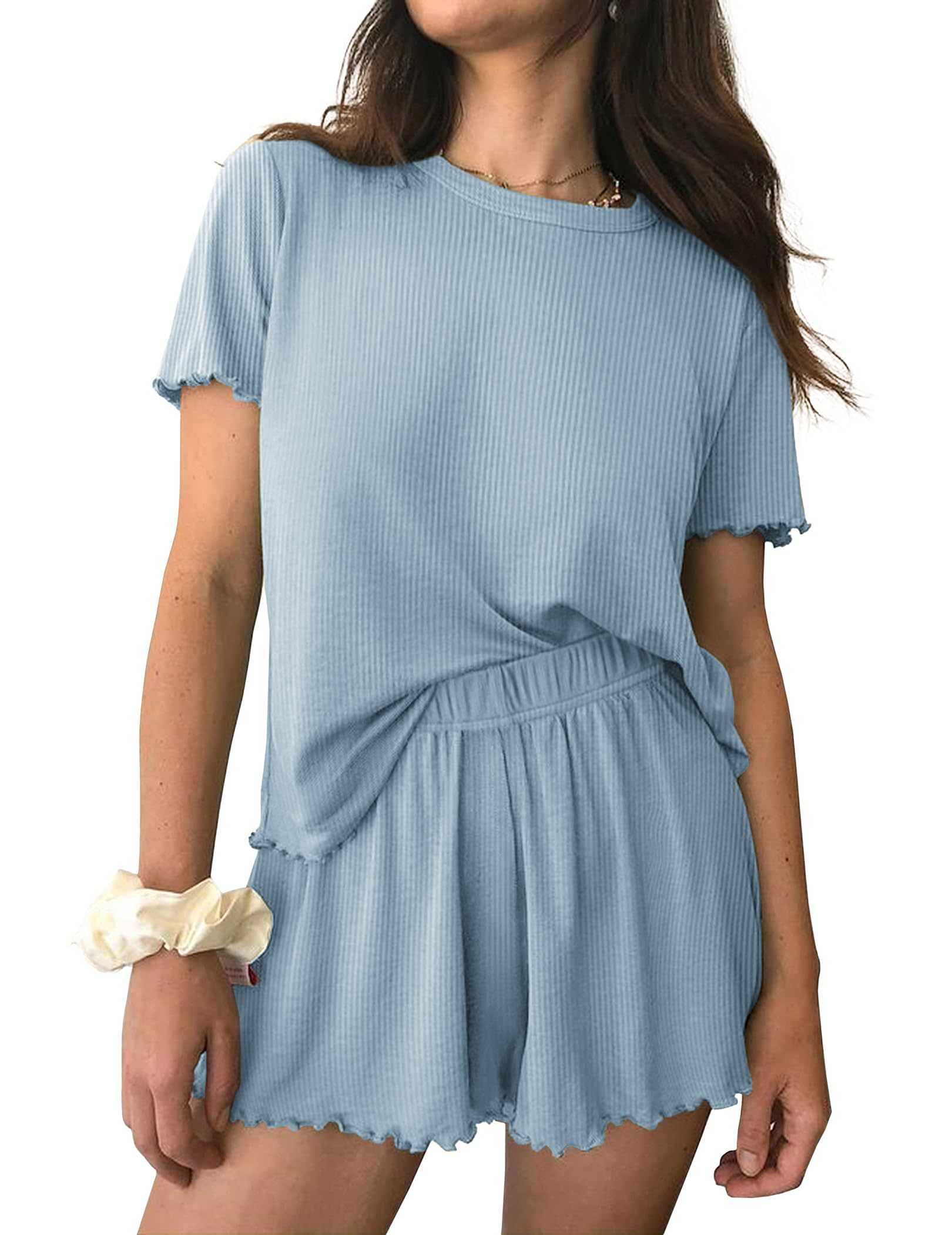 Ekouaer Womens Pajamas 2 Piece Ribbed Knit Pjs Short Sleeve Lounge Sets | Soft Pajama Set with Ruffled cuffs hem, Casual Loungewear Sets, ideal for Home relaxation, Wedding, Party, Daily Wear