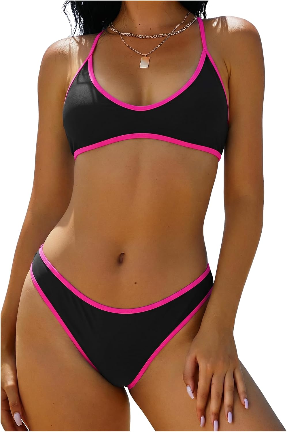 ZAFUL Women's Tie Back Padded High Cut Bralette Bikini Set 2 Piece Swimsuit | Crisscross Back Self Tie, Adjustable Straps, Bathing suit for women, Classic Coverage, Removable Soft Cups, Beach Vacation