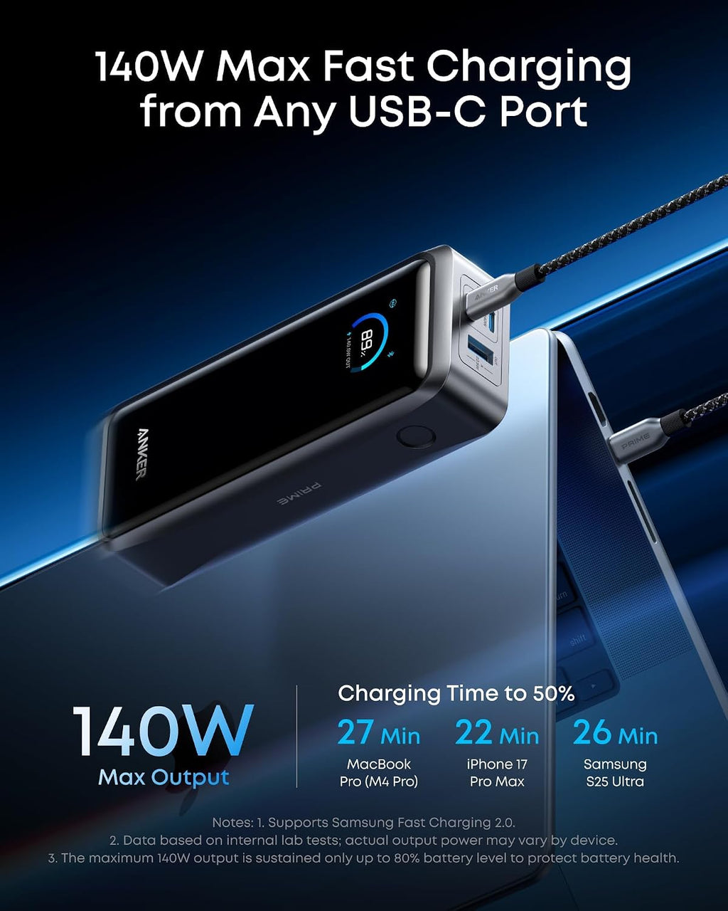 Anker Prime Power Bank, 26,250mAh 300W Fast Charging | 3-Port Portable Charger, Two-Way Charging, TSA-Approved, App Control, for MacBook, iPhone 17 / 16 Series (Base Not Included)