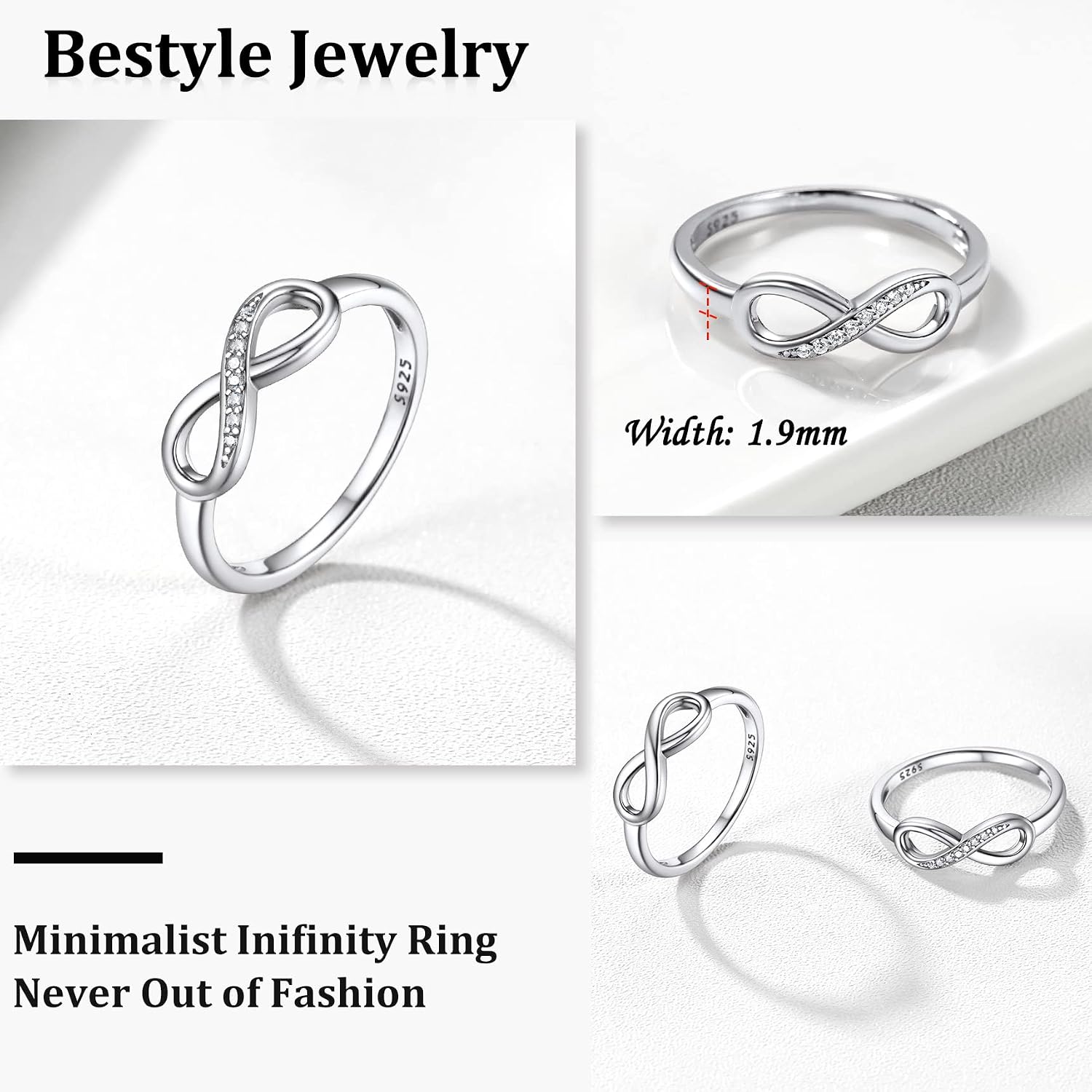Bestyle Simple S925 Sterling Silver Infinity Rings Cubic Zirconia Rings, Nice Cute BFF Friendship Rings, Dainty Eternity Promise Wedding Bands Perfect Every Day Ring, Size 4-12, Words Engavable