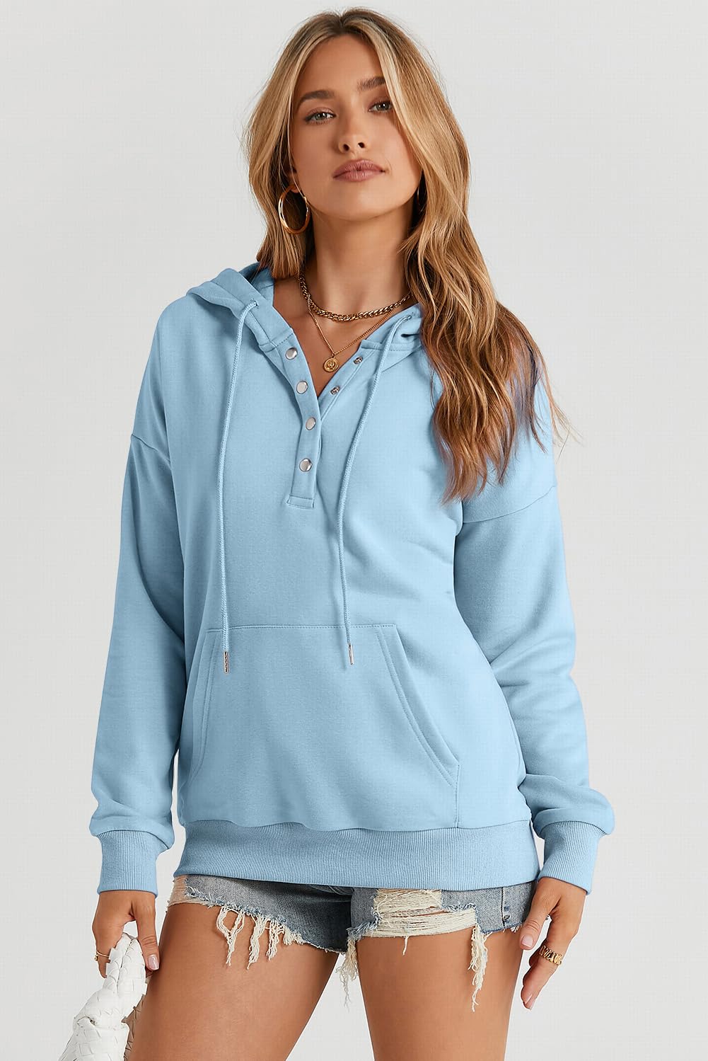 Dokotoo Hoodies for Women Button Collar Drawstring Sweatshirt Hooded Tops | Long Sleeve, Fleece Lined, Pullover Hoodie, Kangaroo Pocket, Fall Outfits Winter Clothes 2026, Casual Travel Workout Outdoor