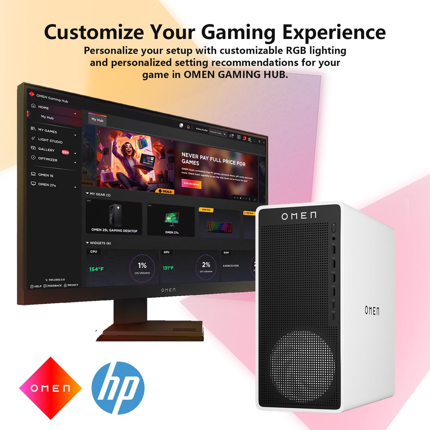 HP OMEN 16L TG03 Pro Business Gaming Desktop, Intel Ultra 7 265F (Beats i7-14700F), NVIDIA RTX 5060, 32GB DDR5 RAM, 2TB SSD, Workstation for Creation, Bundle with Thunderobot KG3089R Keyboard