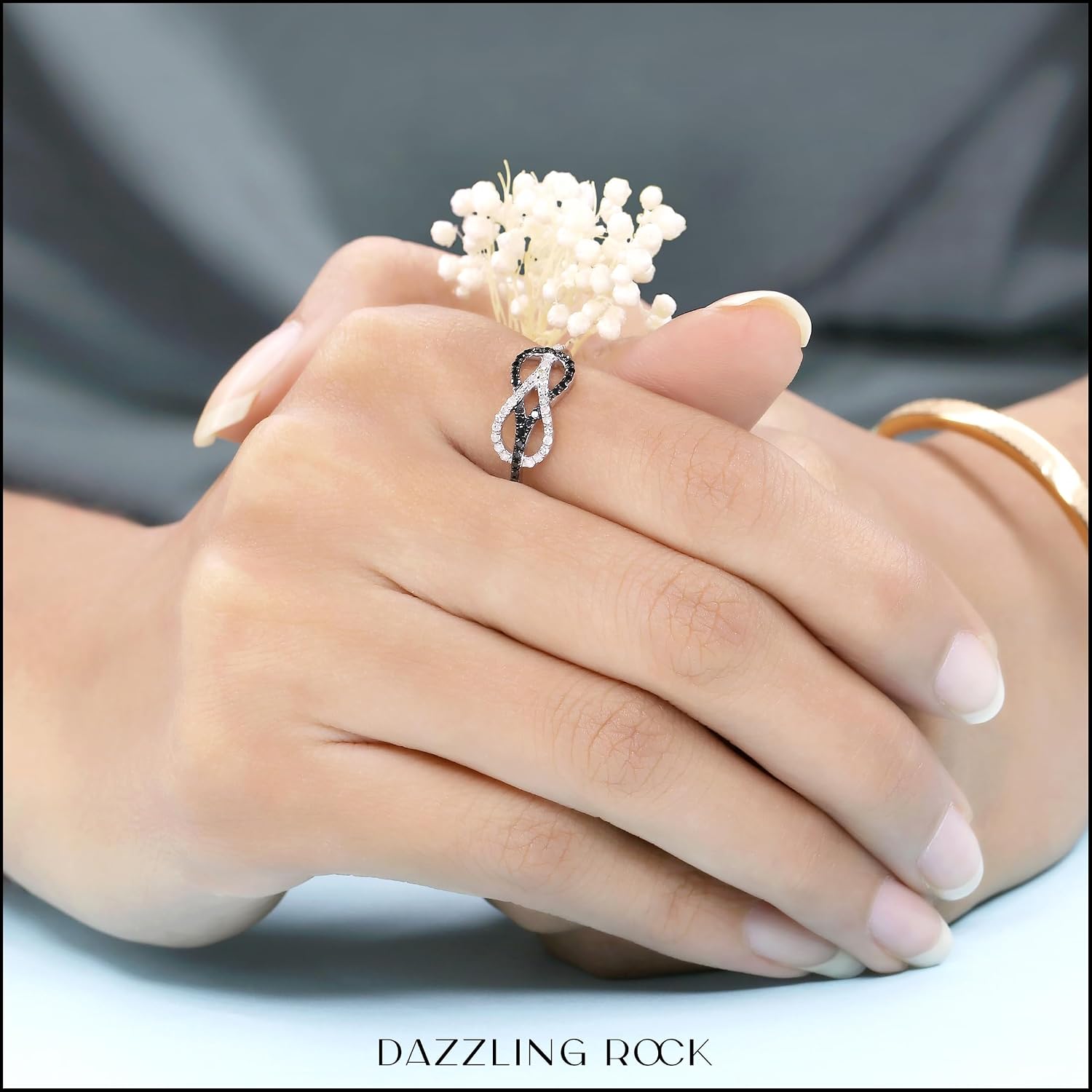 Dazzlingrock Round Black & White Natural Diamond Infinity Right Hand Ring | 0.35 Ctw | Women | 925 Sterling Silver