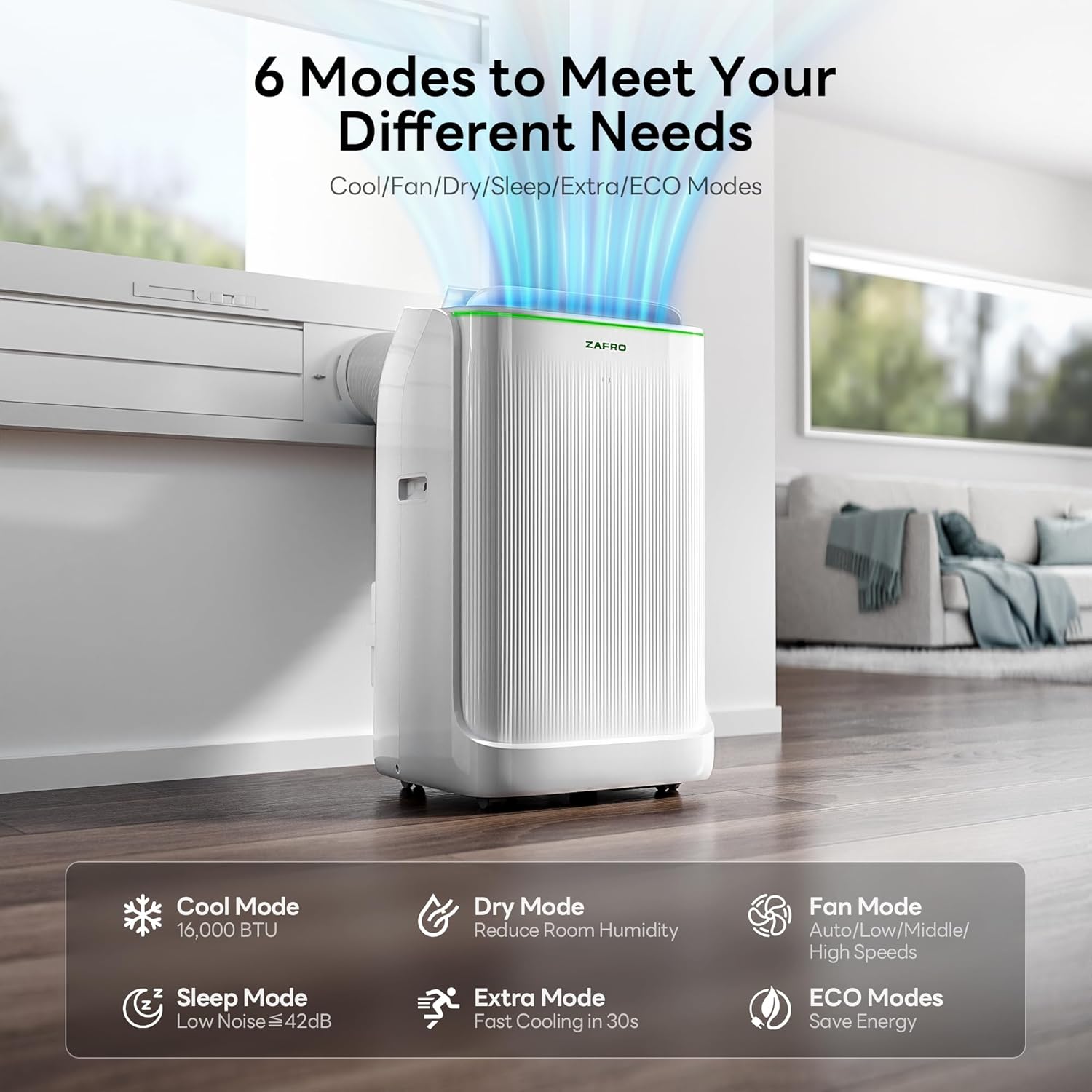 ZAFRO Smart Inverter Portable Air Conditioners, 16000 BTU (12000 BTU SACC) | Dual Hose Portable AC Unit with Energy Saving/Ultra Quiet(42dB)/Drainage-free Cooling/APP/Remote for Multi-Scenario Use