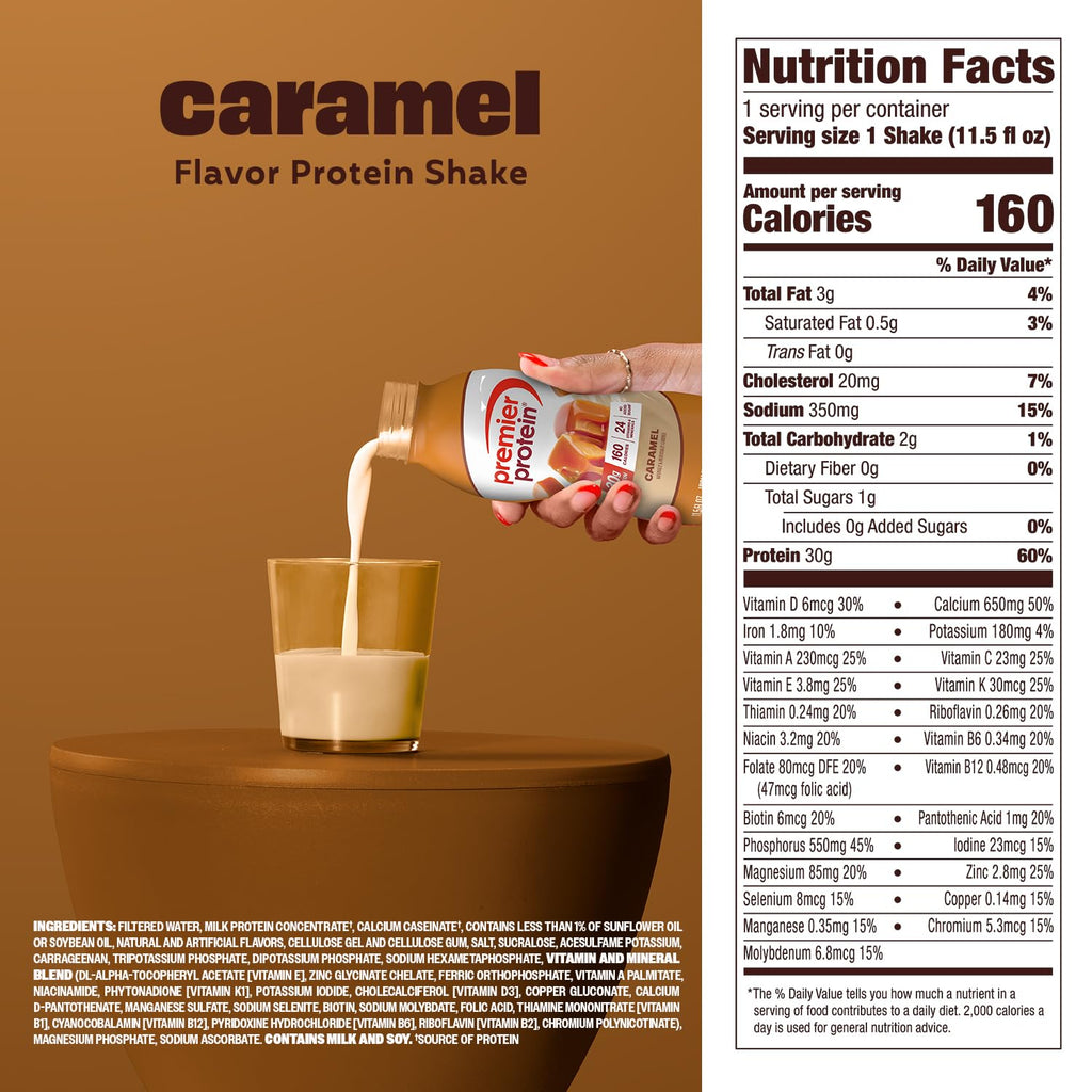 Premier Protein 30g High Protein Shake, Caramel, 12 Pack | 160 Calories, 24 Vitamins & Minerals, No Added Sugar, Supports Muscle Health, Gluten-Free, 11.5 oz