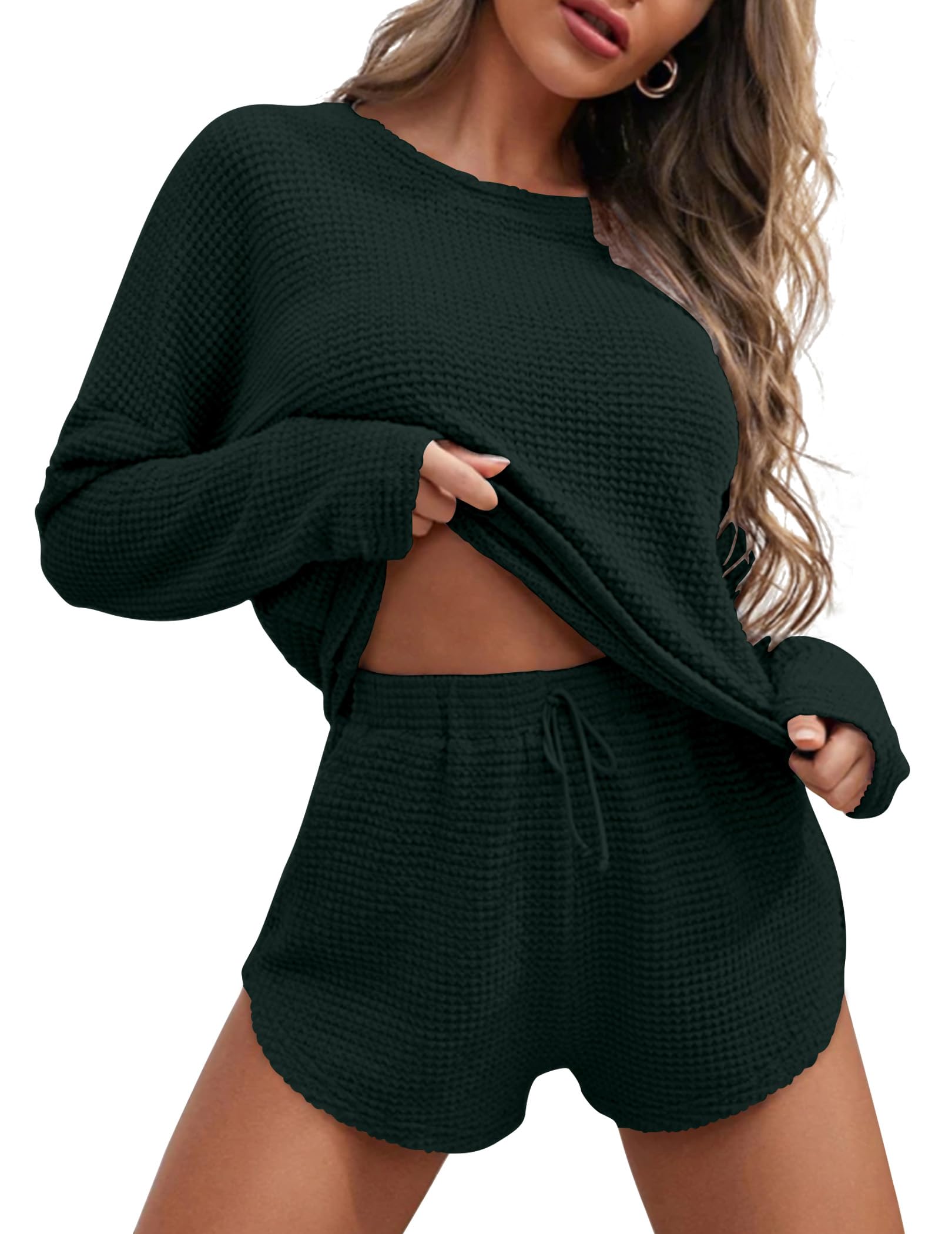 Ekouaer Womens Waffle Knit Pajama Sets Long Sleeve Top and Shorts Matching Lounge Set Loungewear Sweatsuit with Pockets