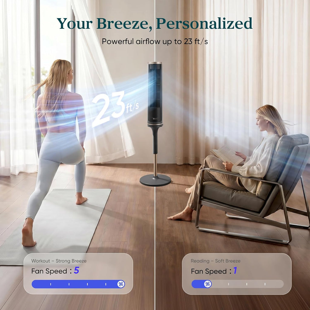 Levoit Tower Fan for Bedroom, 28ft/s Fans that Blow Cold Air, 28dB Quiet | Standing Floor Fan for Room, 90° Oscillating, 5 Speeds 4 Modes & Temp Sensor, Bladeless, 12H Timer, Remoter, 36 inch, White