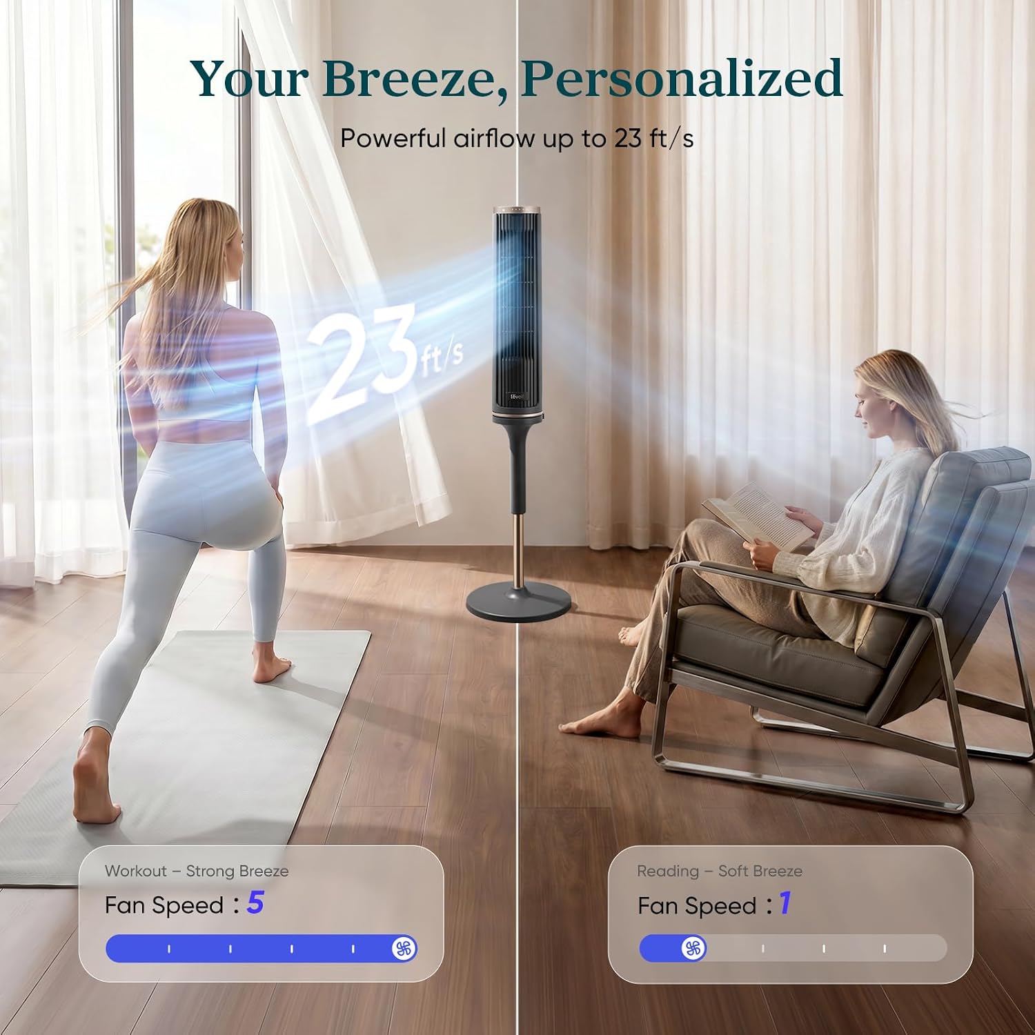 Levoit Tower Fan for Bedroom, 28ft/s Fans that Blow Cold Air, 28dB Quiet | Standing Floor Fan for Room, 90° Oscillating, 5 Speeds 4 Modes & Temp Sensor, Bladeless, 12H Timer, Remoter, 36 inch, White