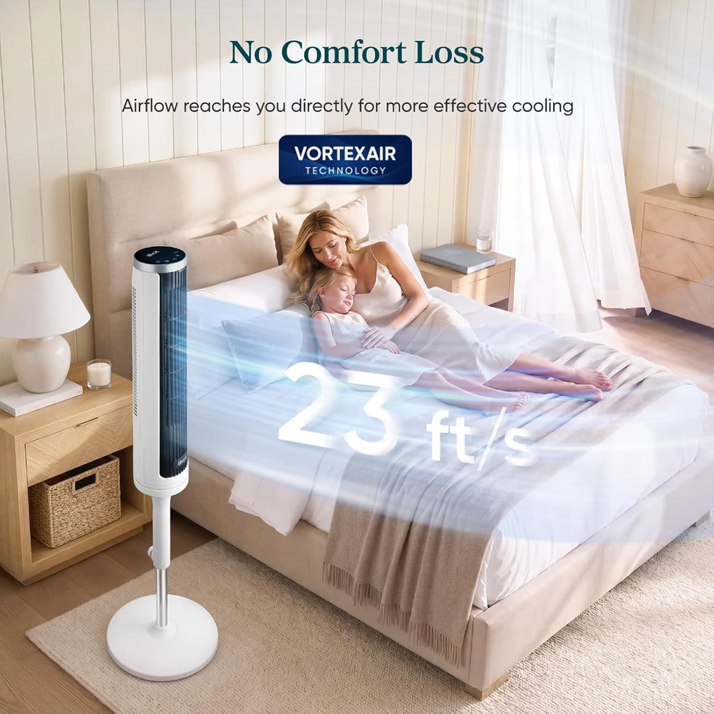 Levoit Tower Fan for Bedroom, 28ft/s Fans that Blow Cold Air, 28dB Quiet | Standing Floor Fan for Room, 90° Oscillating, 5 Speeds 4 Modes & Temp Sensor, Bladeless, 12H Timer, Remoter, 36 inch, White