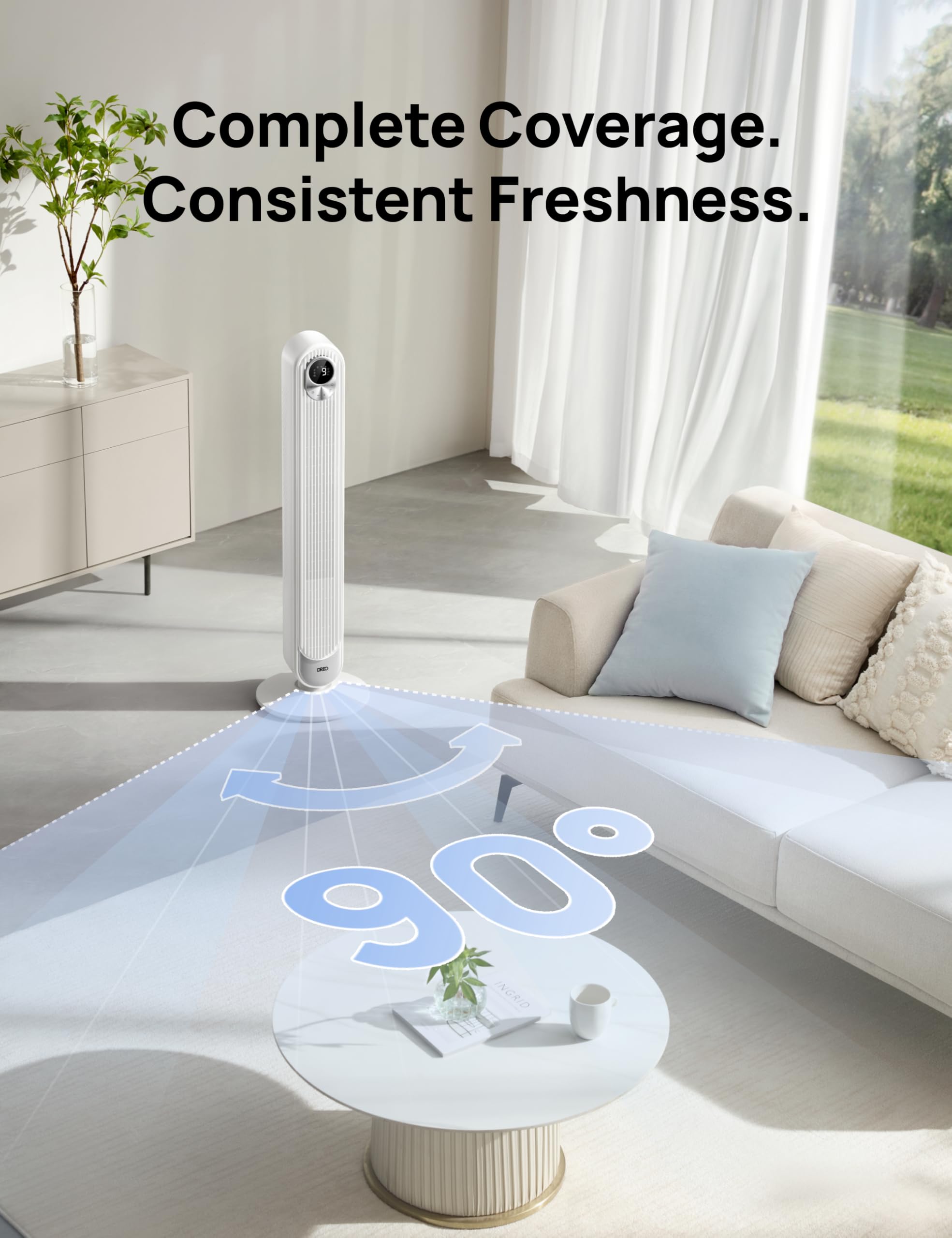 DREO Tower Fan for Bedroom, 28ft/s Velocity, 20dB Ultra Quiet, 8 Speeds | 2026 Upgraded DC Motor, 90° Oscillating, 4 Modes Standing Fan, Bladeless Fan for Indoors, Floor Fans with Remote, Black