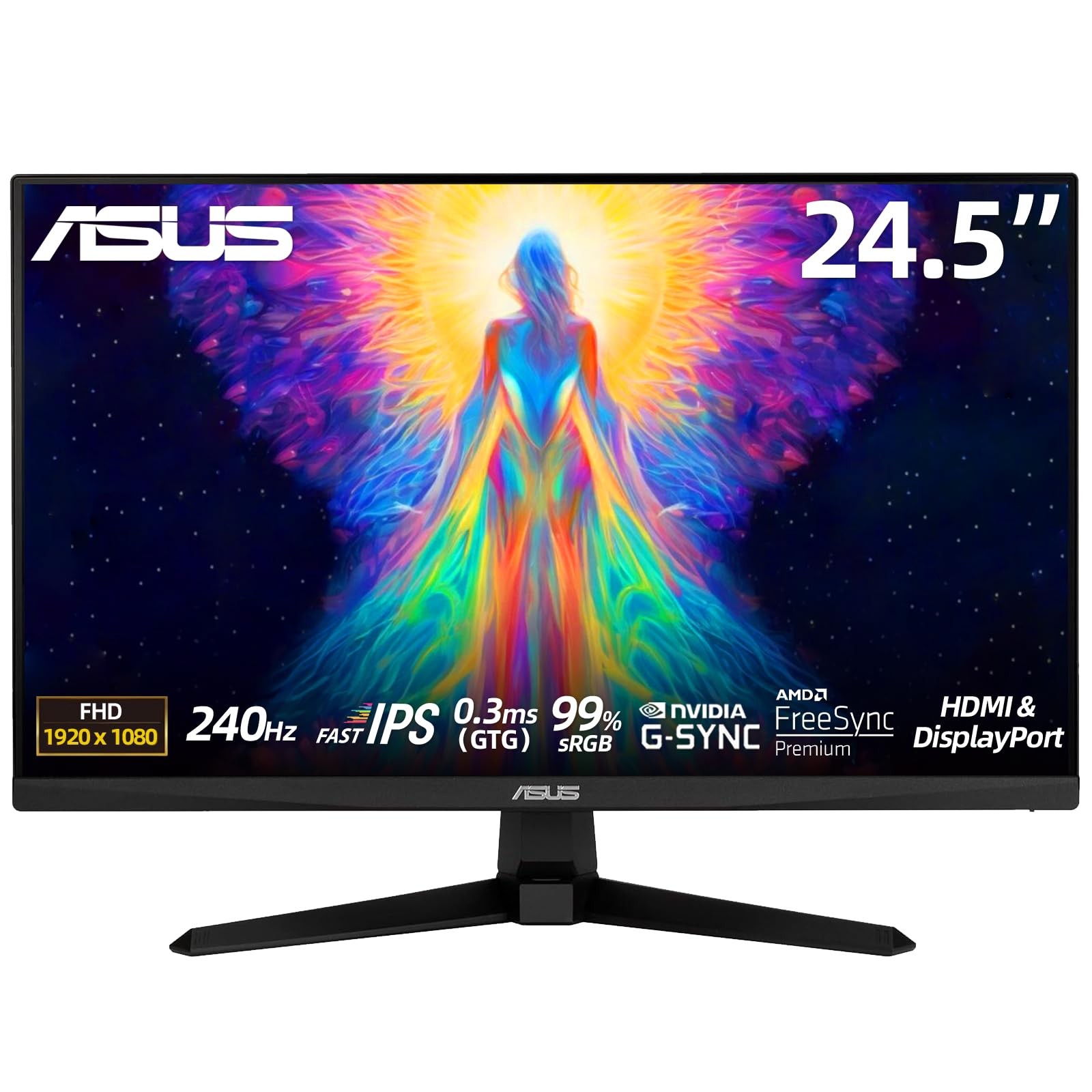 ASUS TUF 24" Gaming Monitor, FHD 1080p, Fast IPS, 240Hz, 0.3ms, AMD FreeSync Premium, G-SYNC Compatible, 99% sRGB, ELMB Sync, Eye Care, DisplayPort, HDMI, VESA Mount, Tilt Adjustment, Black