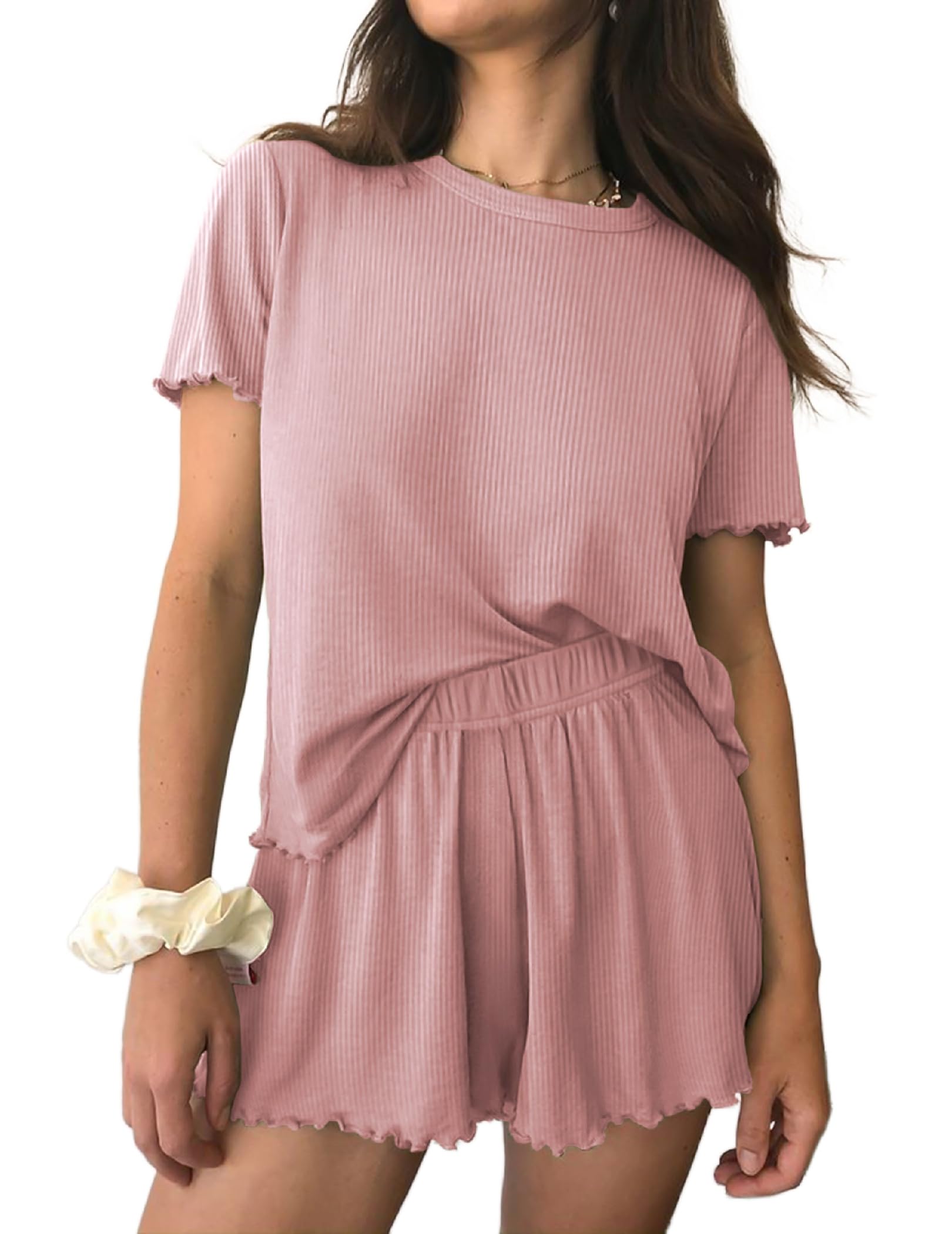Ekouaer Womens Pajamas 2 Piece Ribbed Knit Pjs Short Sleeve Lounge Sets | Soft Pajama Set with Ruffled cuffs hem, Casual Loungewear Sets, ideal for Home relaxation, Wedding, Party, Daily Wear