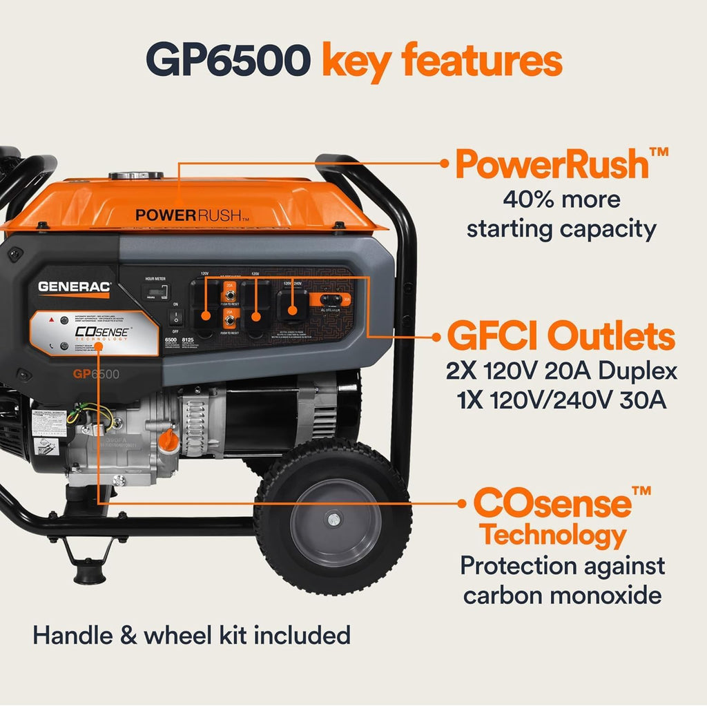 Generac 12,500 Starting Watt Tri-Fuel Portable Generator, Electric Start | Gas, Propane, Or Natural Gas Fuel Options, COsense CO Detection, 9.5 Hour Runtime, Emergency Home Backup, 49 State Compliant
