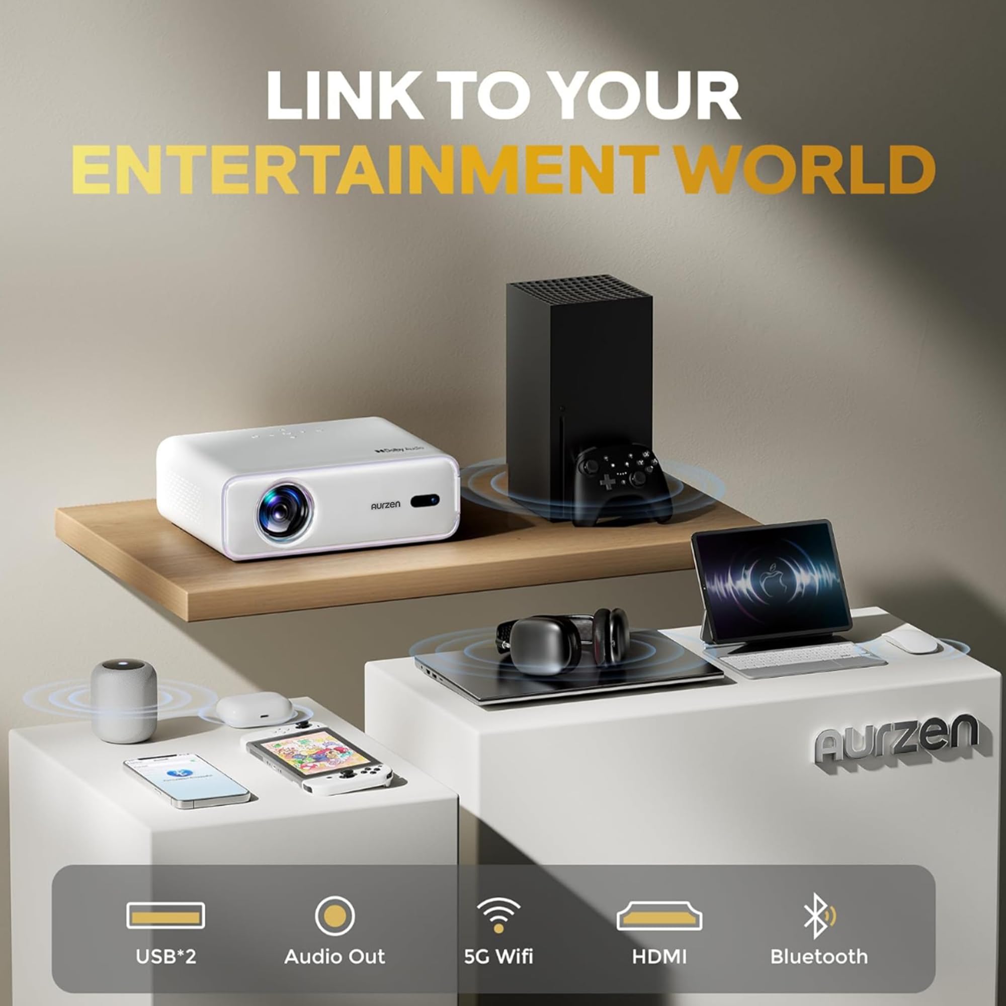 Aurzen Roku TV D1R Smart Portable Outdoor Projector with WiFi and Bluetooth | Roku TV Built-in, All Top Apps, 1080P FHD, DoIby Audio, Auto Focus & Keystone, Zoom, Mini Projector for Home & Outdoor Movies