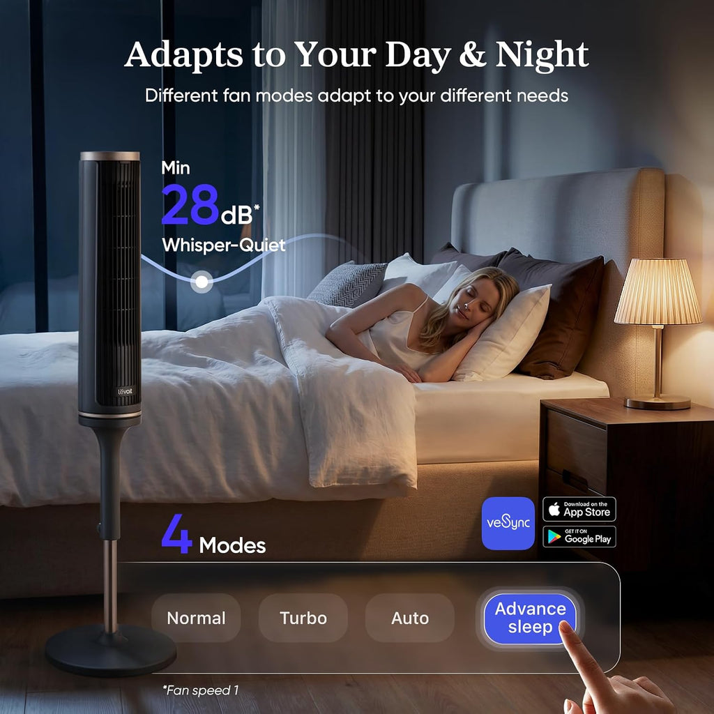Levoit Tower Fan for Bedroom, 28ft/s Fans that Blow Cold Air, 28dB Quiet | Standing Floor Fan for Room, 90° Oscillating, 5 Speeds 4 Modes & Temp Sensor, Bladeless, 12H Timer, Remoter, 36 inch, White