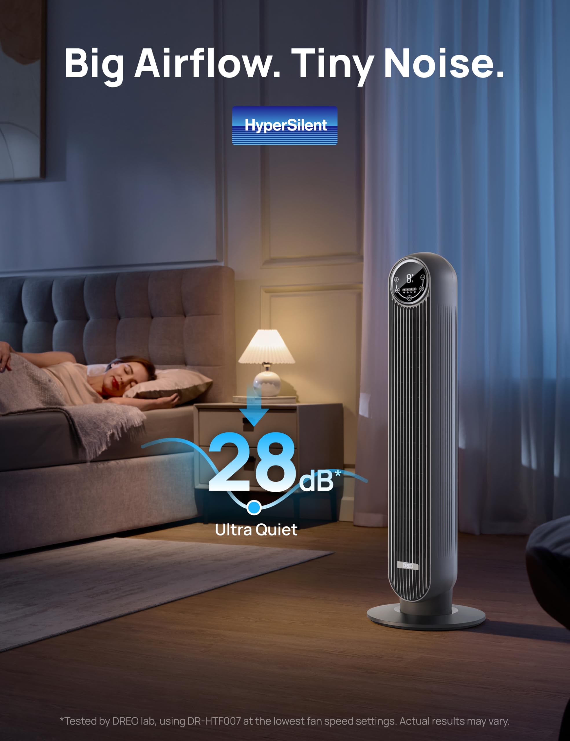 DREO Tower Fan for Bedroom, 28ft/s Velocity, 20dB Ultra Quiet, 8 Speeds | 2026 Upgraded DC Motor, 90° Oscillating, 4 Modes Standing Fan, Bladeless Fan for Indoors, Floor Fans with Remote, Black