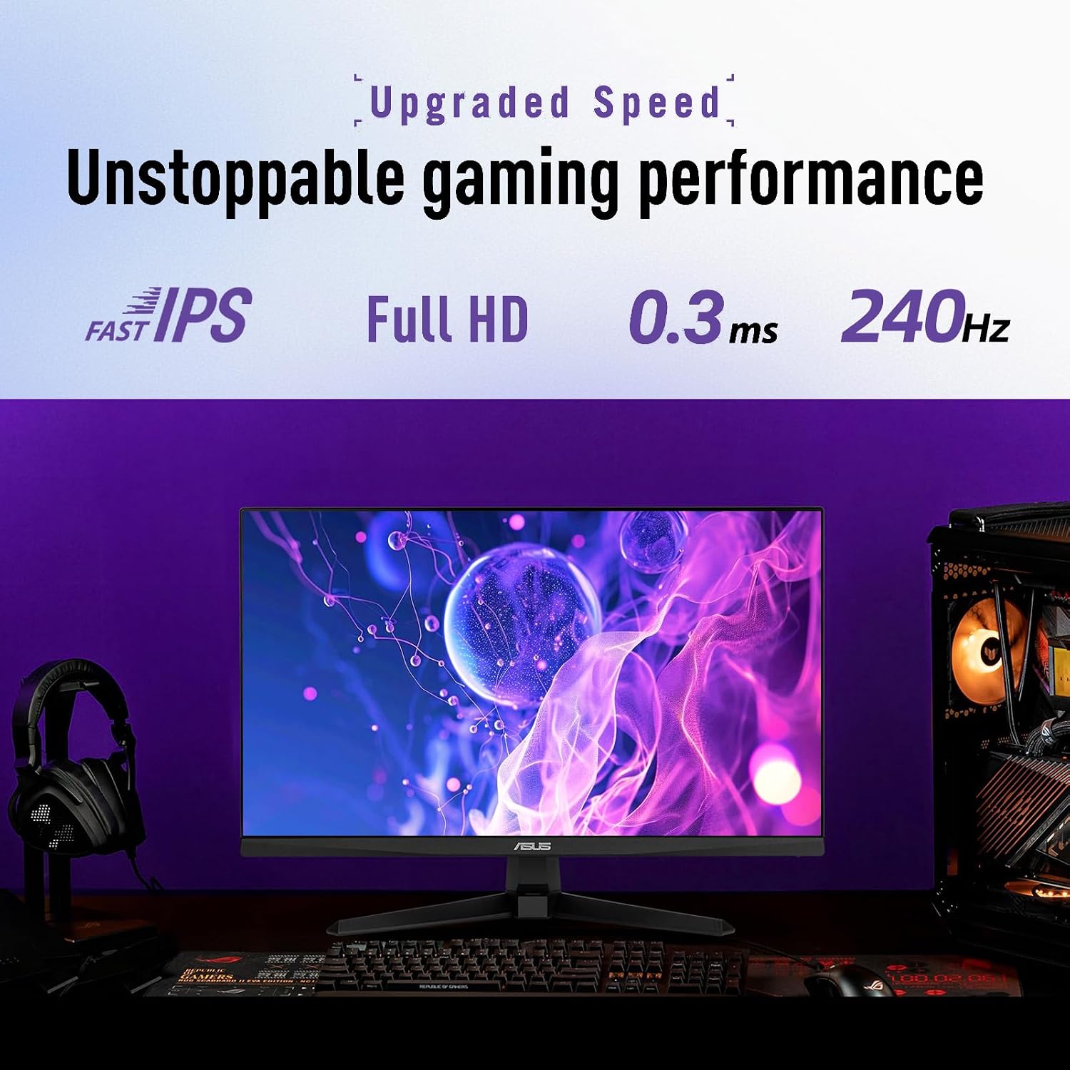 ASUS TUF 24" Gaming Monitor, FHD 1080p, Fast IPS, 240Hz, 0.3ms, AMD FreeSync Premium, G-SYNC Compatible, 99% sRGB, ELMB Sync, Eye Care, DisplayPort, HDMI, VESA Mount, Tilt Adjustment, Black