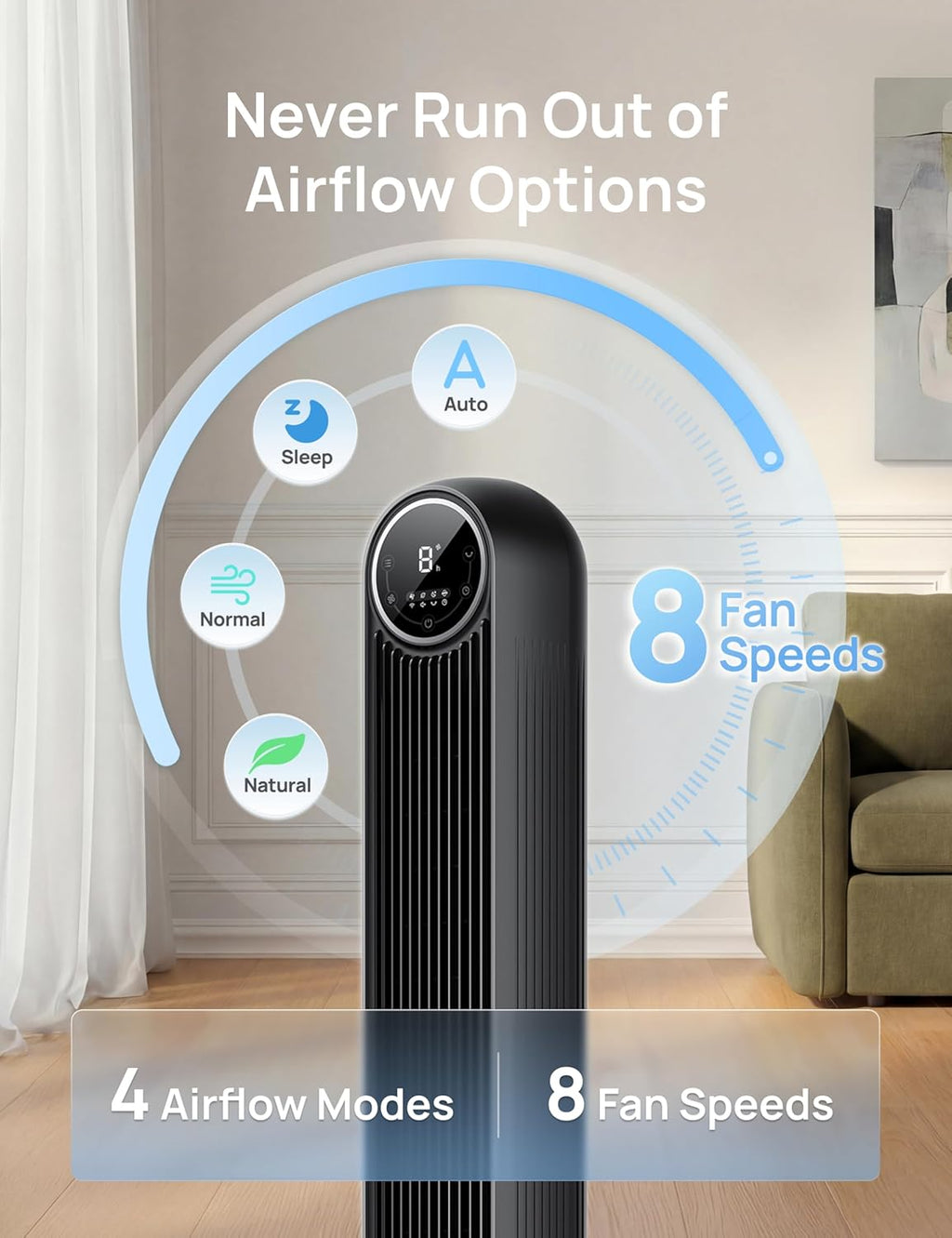 DREO Tower Fan for Bedroom, 28ft/s Velocity, 20dB Ultra Quiet, 8 Speeds | 2026 Upgraded DC Motor, 90° Oscillating, 4 Modes Standing Fan, Bladeless Fan for Indoors, Floor Fans with Remote, Black