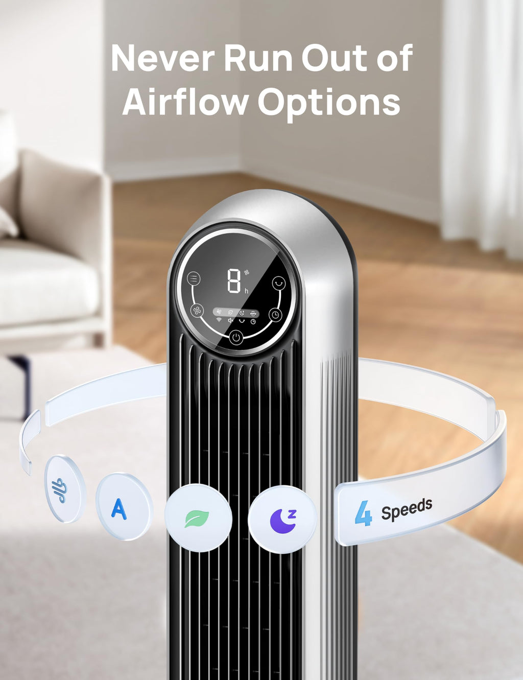 DREO Tower Fan for Bedroom, 28ft/s Velocity, 20dB Ultra Quiet, 8 Speeds | 2026 Upgraded DC Motor, 90° Oscillating, 4 Modes Standing Fan, Bladeless Fan for Indoors, Floor Fans with Remote, Black
