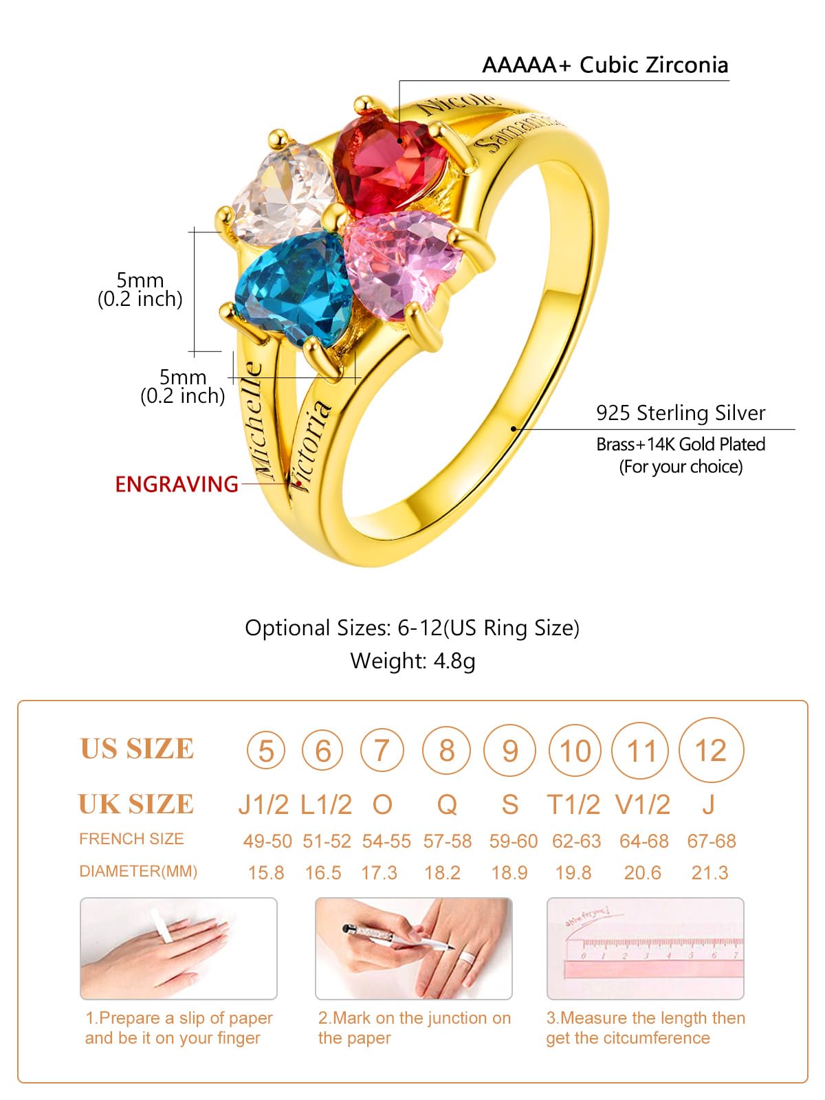 Custom4U Personalized Birthstone Rings for Women Promise Rings for Her | Sterling Silver Mothers Ring Customized Cubic Zirconia Wedding/Valentine's Day/Mother's Day Jewelry Gift for Mom Wife