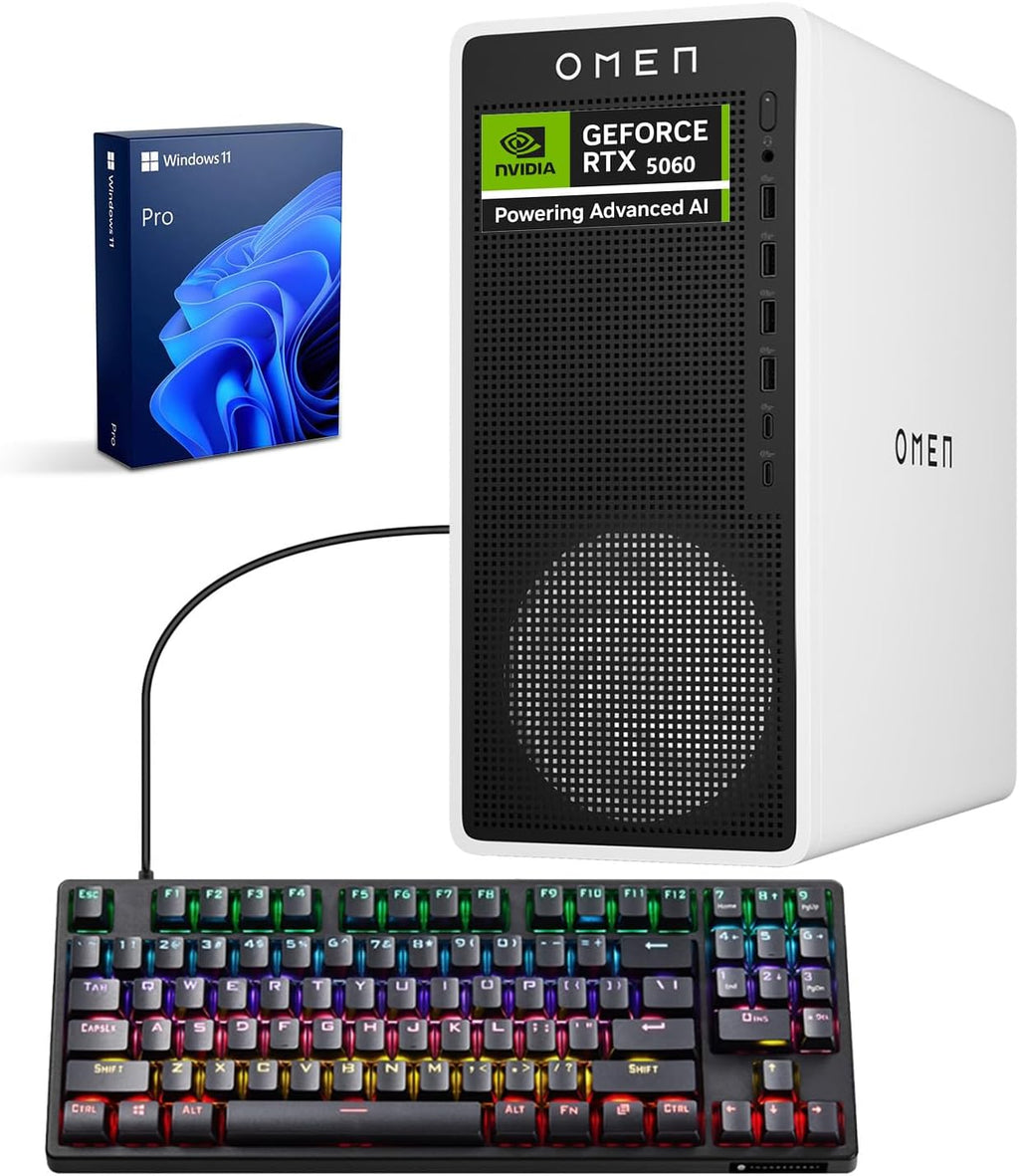HP OMEN 16L TG03 Pro Business Gaming Desktop, Intel Ultra 7 265F (Beats i7-14700F), NVIDIA RTX 5060, 32GB DDR5 RAM, 2TB SSD, Workstation for Creation, Bundle with Thunderobot KG3089R Keyboard