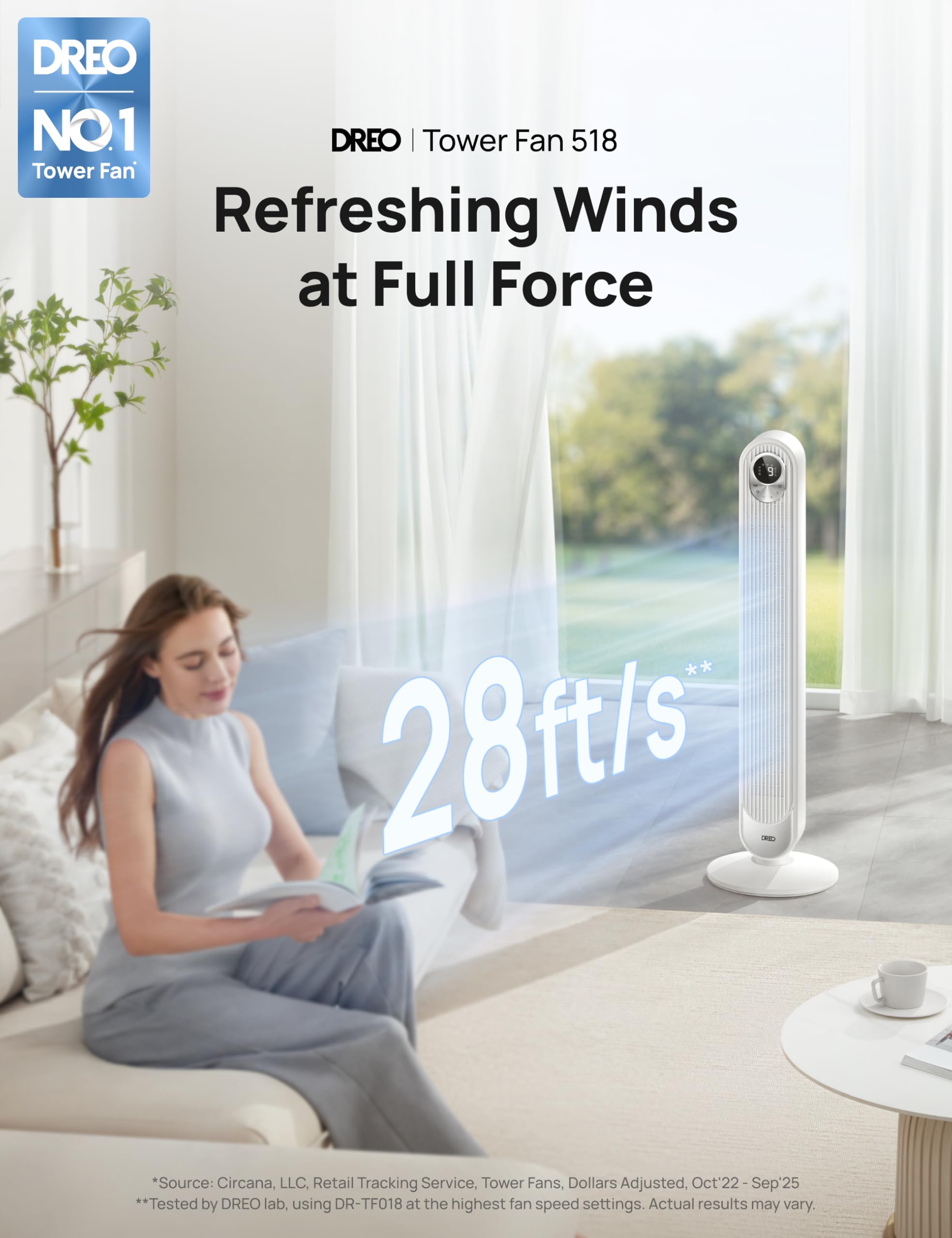 DREO Tower Fan for Bedroom, 28ft/s Velocity, 20dB Ultra Quiet, 8 Speeds | 2026 Upgraded DC Motor, 90° Oscillating, 4 Modes Standing Fan, Bladeless Fan for Indoors, Floor Fans with Remote, Black
