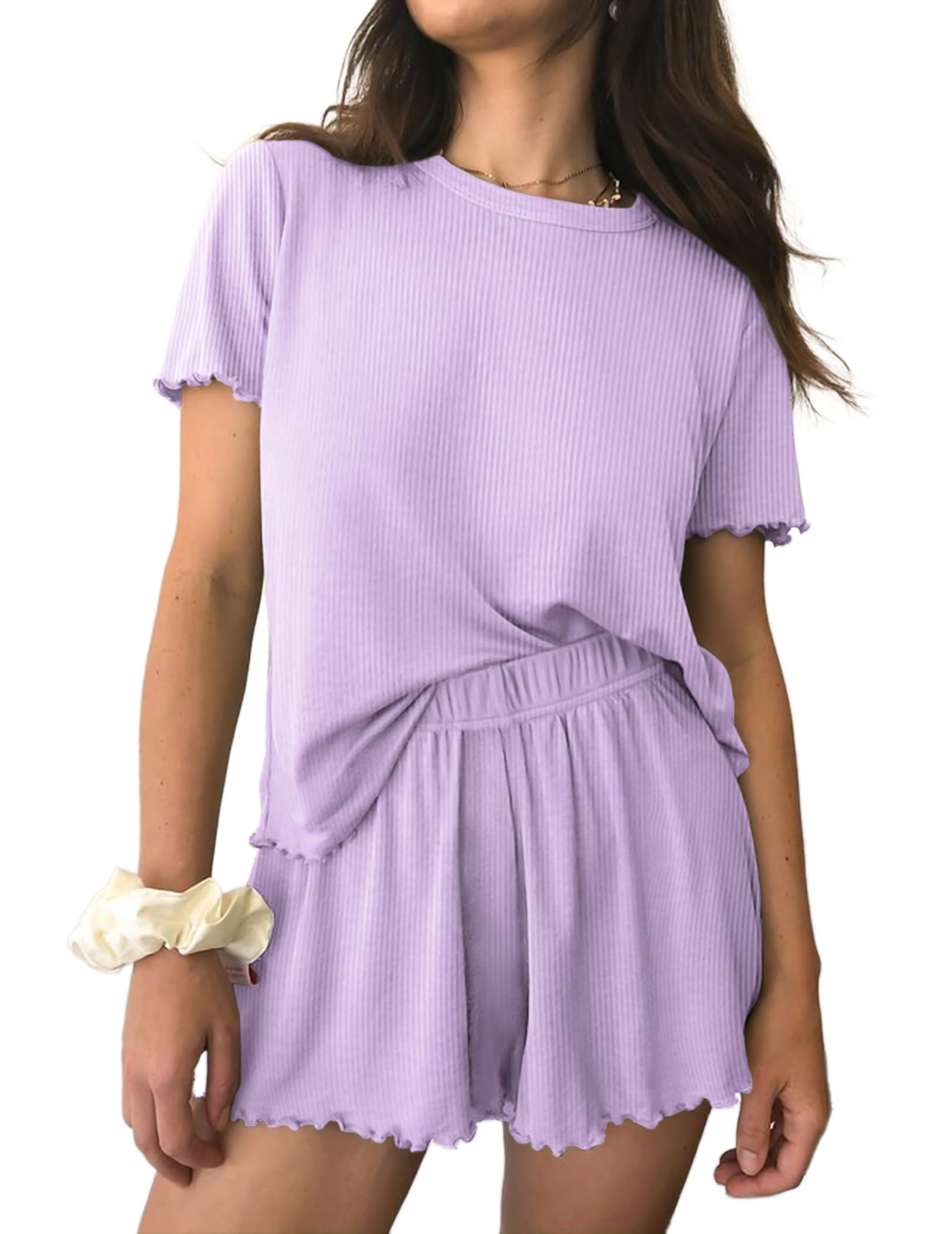 Ekouaer Womens Pajamas 2 Piece Ribbed Knit Pjs Short Sleeve Lounge Sets | Soft Pajama Set with Ruffled cuffs hem, Casual Loungewear Sets, ideal for Home relaxation, Wedding, Party, Daily Wear