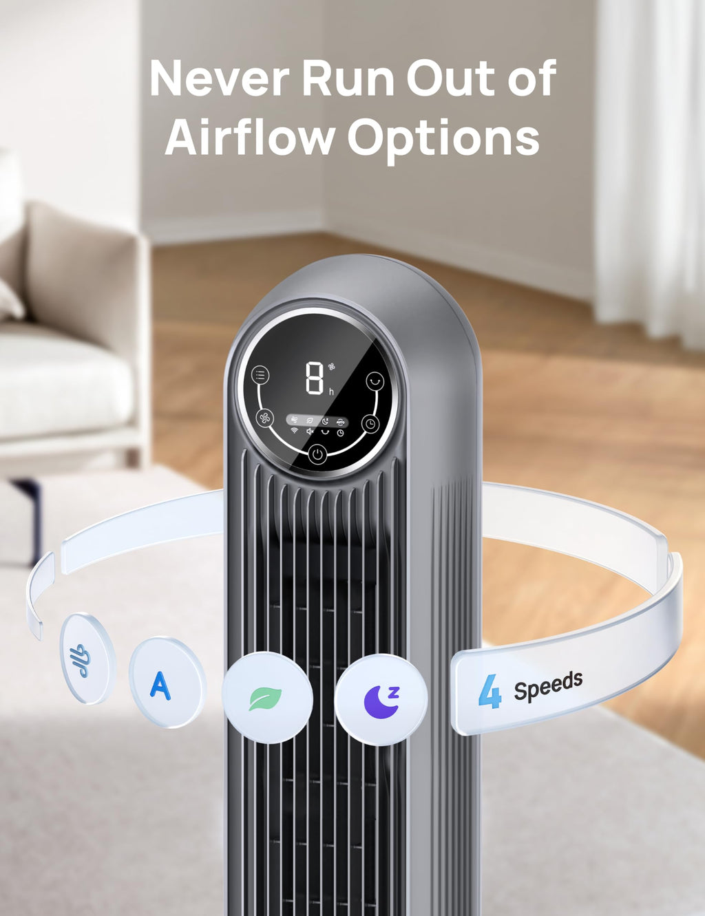 DREO Tower Fan for Bedroom, 28ft/s Velocity, 20dB Ultra Quiet, 8 Speeds | 2026 Upgraded DC Motor, 90° Oscillating, 4 Modes Standing Fan, Bladeless Fan for Indoors, Floor Fans with Remote, Black